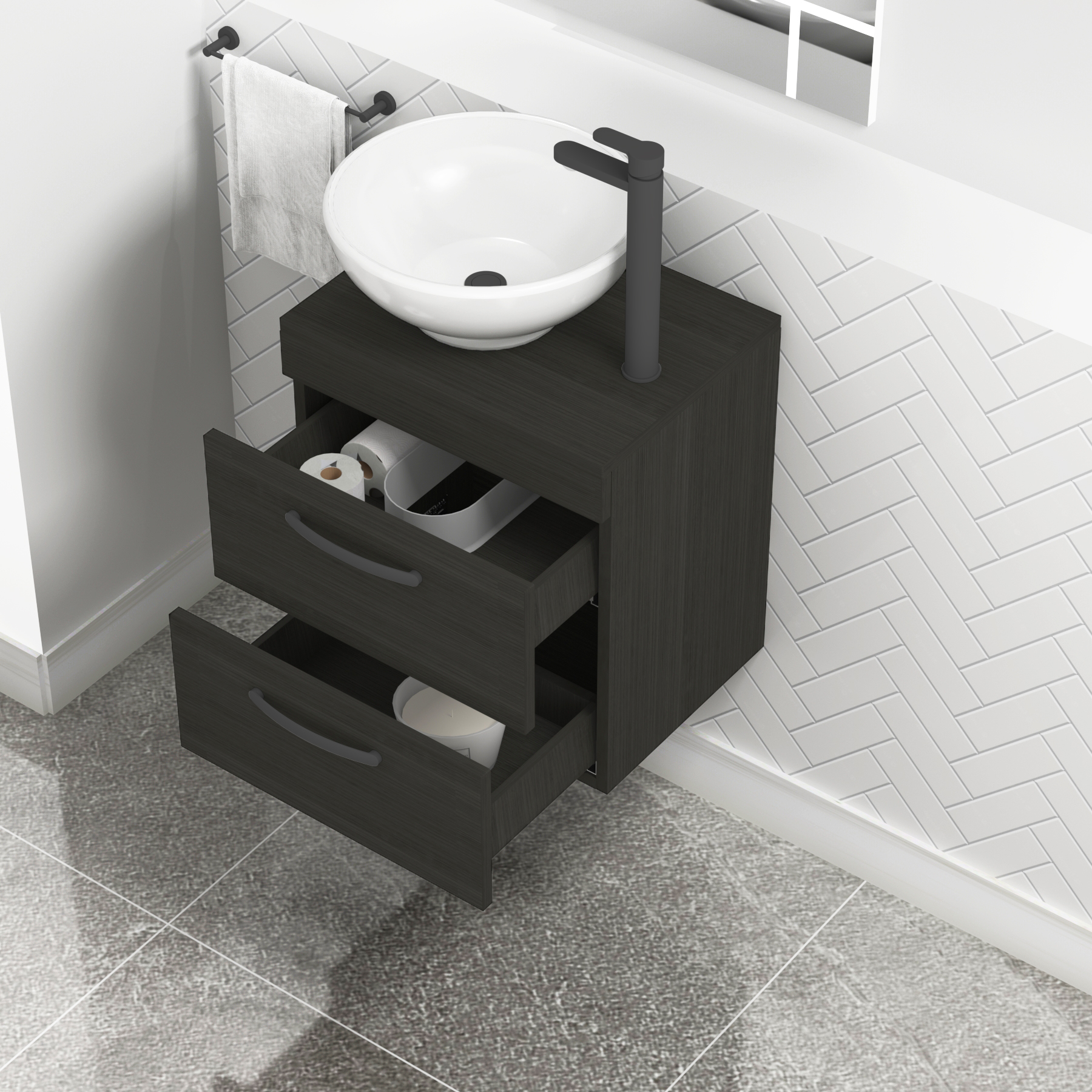 500mm Wall Hung Vanity Unit 2 Drawer Hale Black & Breeze Countertop Basin with Matt Black Handle