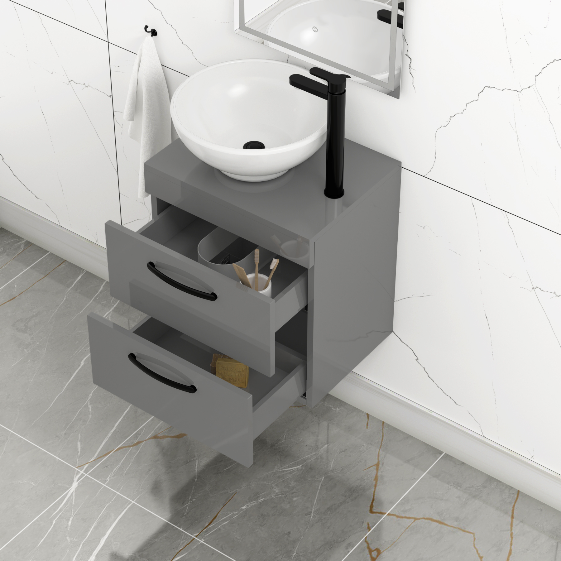 500mm Wall Hung Vanity Unit 2 Drawer Indigo Grey Gloss & Breeze Countertop Basin with Matt Black Handle