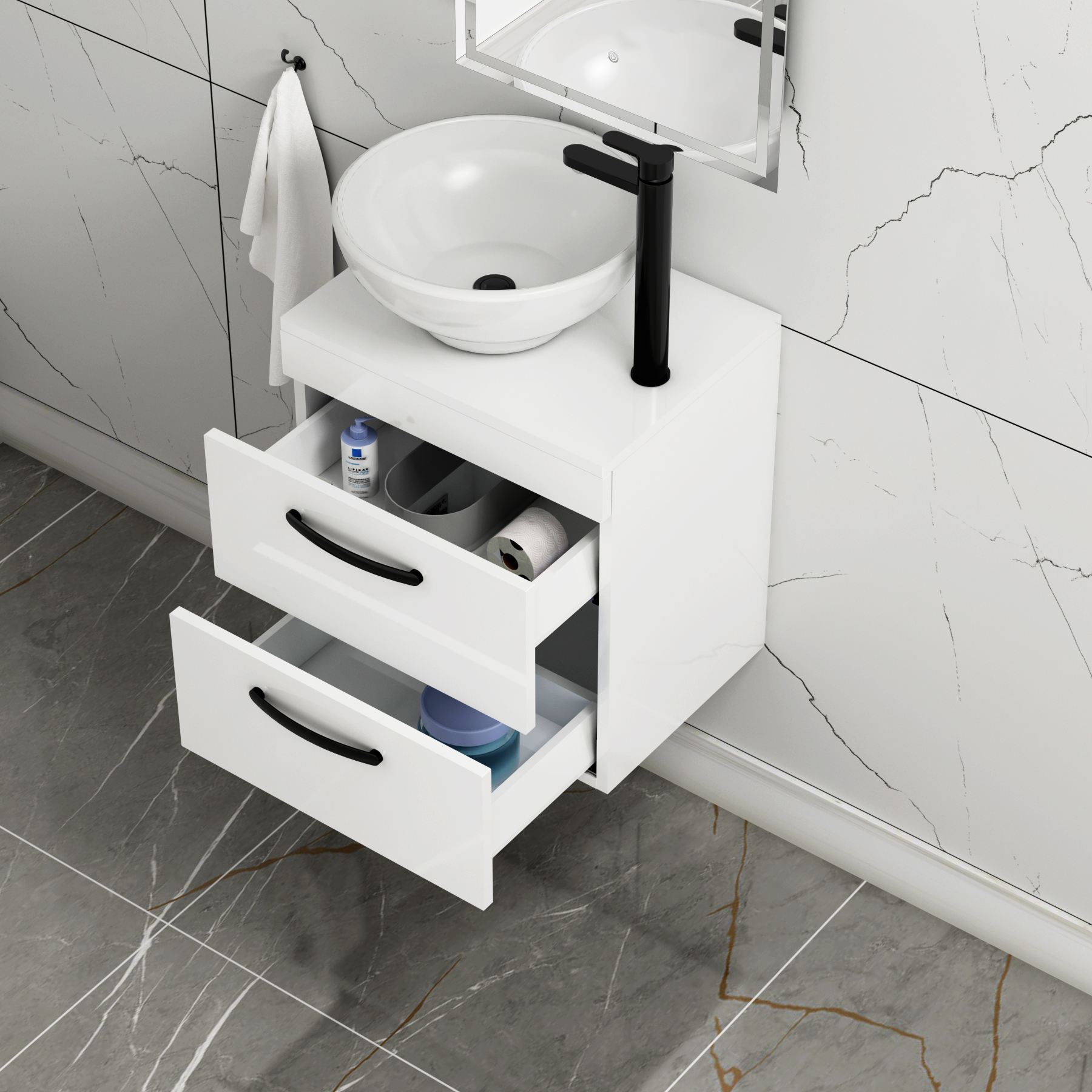 500mm Wall Hung Vanity Unit 2 Drawer Gloss White & Breeze Countertop Basin with Matt Black Handle