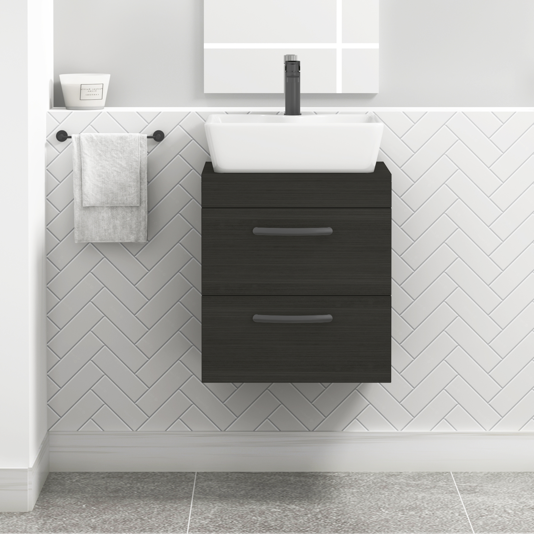 500mm Wall Hung Vanity Unit 2 Drawer Hale Black & Cube Countertop Basin with Matt Black Handle