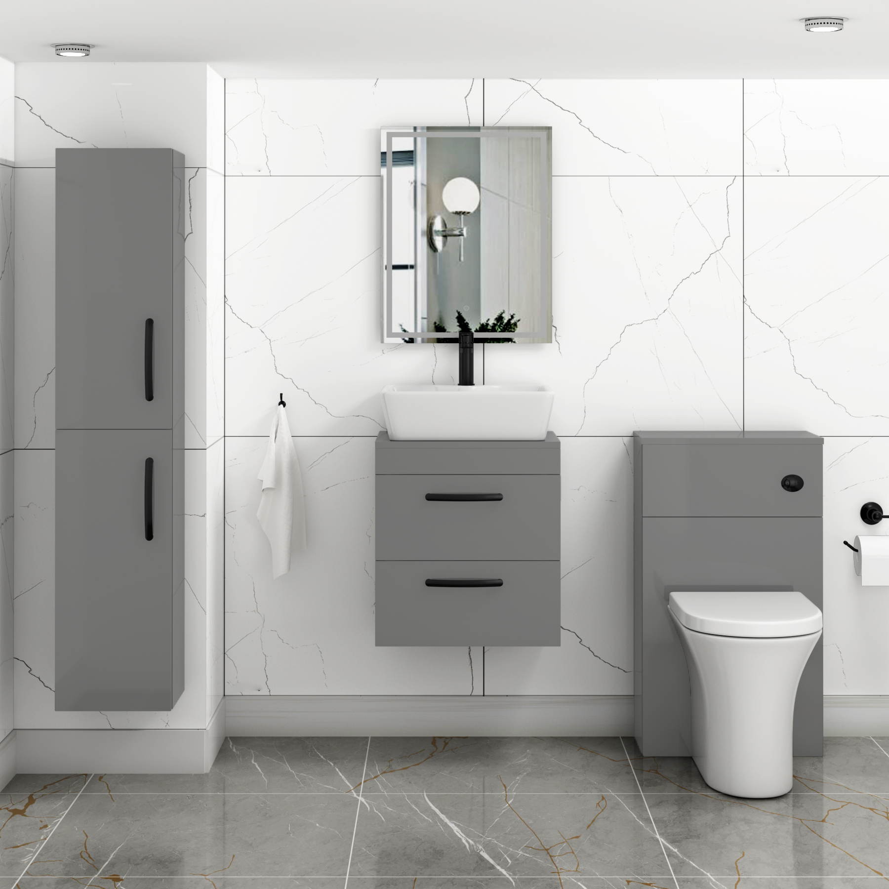 500mm Wall Hung Vanity Unit 2 Drawer Indigo Grey Gloss & Cube Countertop Basin with Matt Black Handle