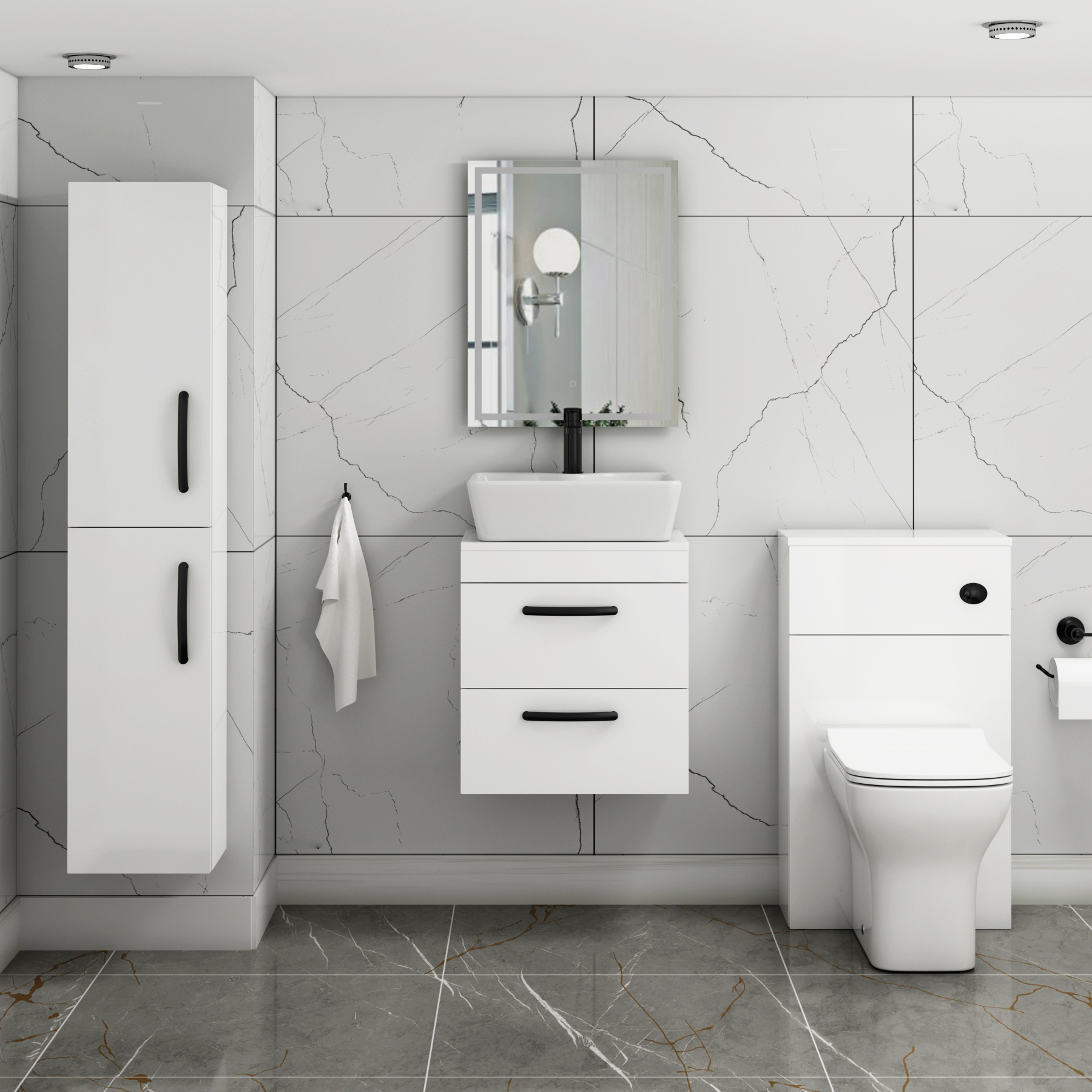 500mm Wall Hung Vanity Unit 2 Drawer Gloss White & Cube Countertop Basin with Matt Black Handle