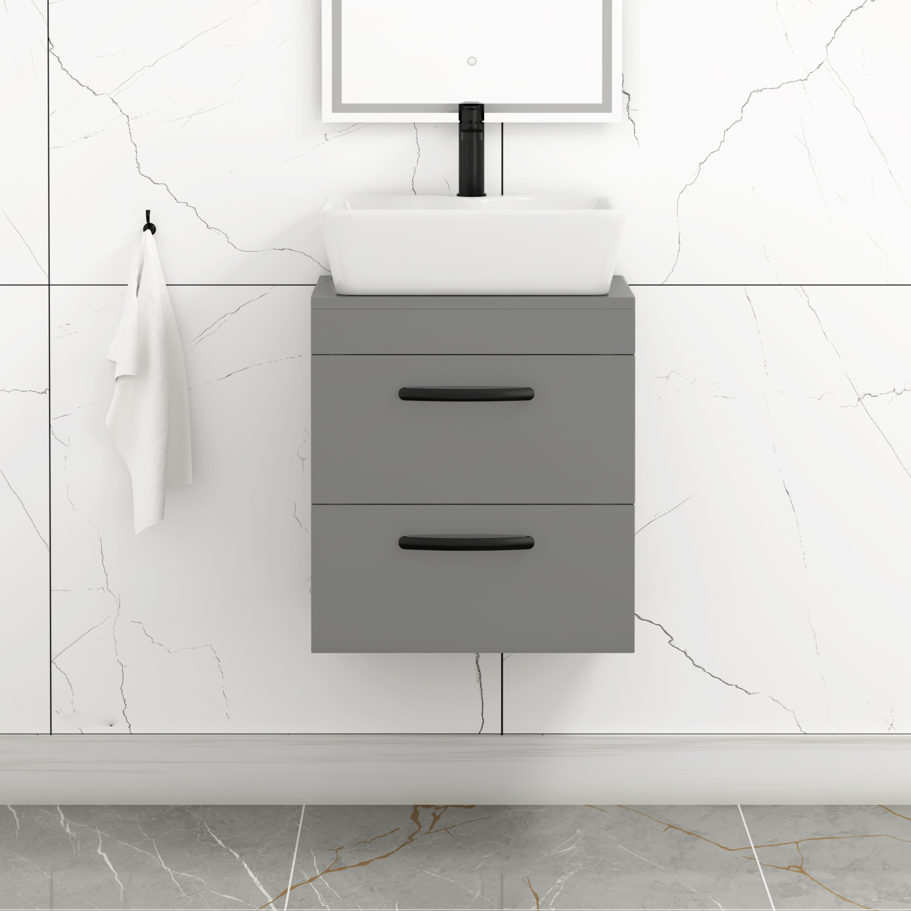 500mm Wall Hung Vanity Unit 2 Drawer Indigo Grey Gloss & Cube Countertop Basin with Matt Black Handle