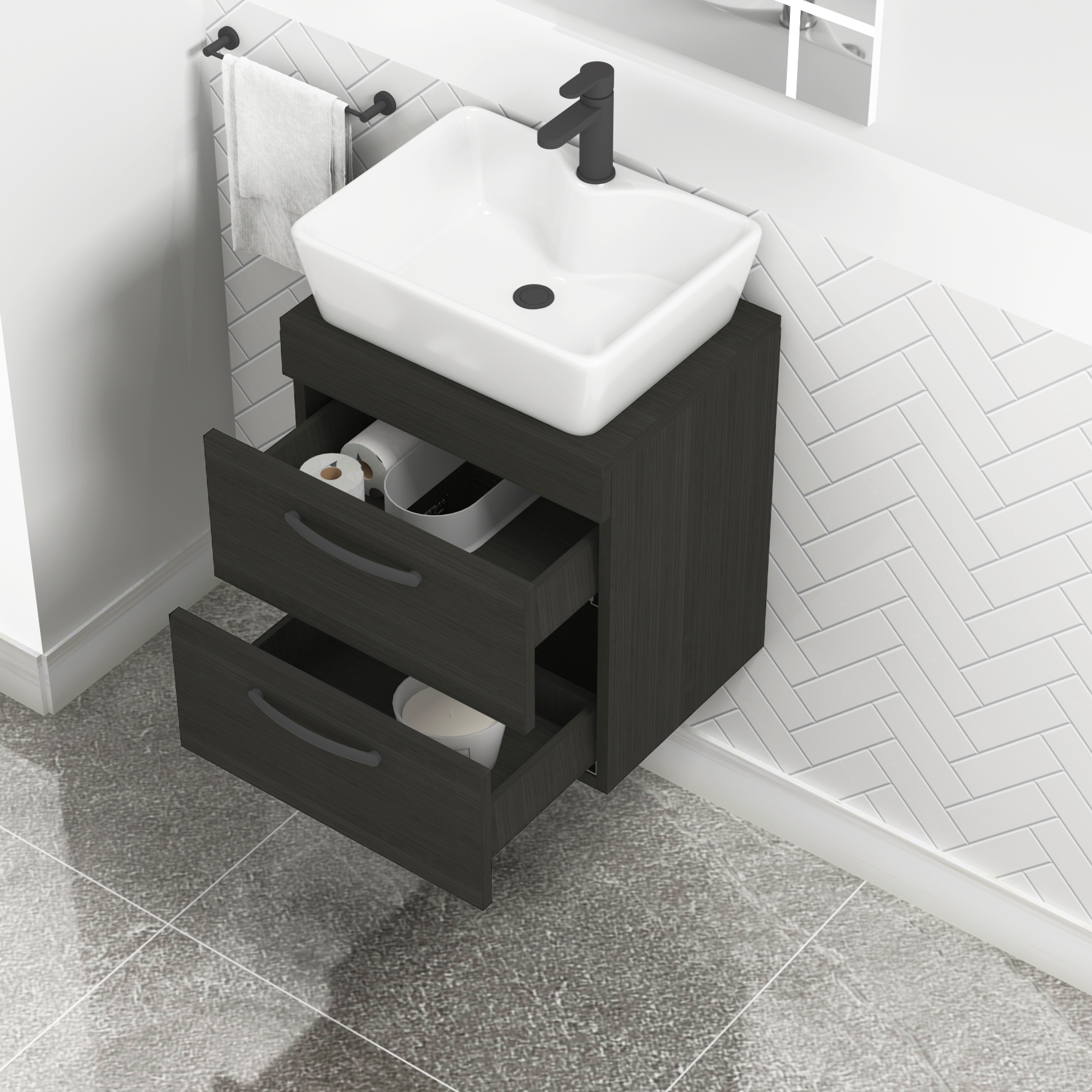 500mm Wall Hung Vanity Unit 2 Drawer Hale Black & Cube Countertop Basin with Matt Black Handle