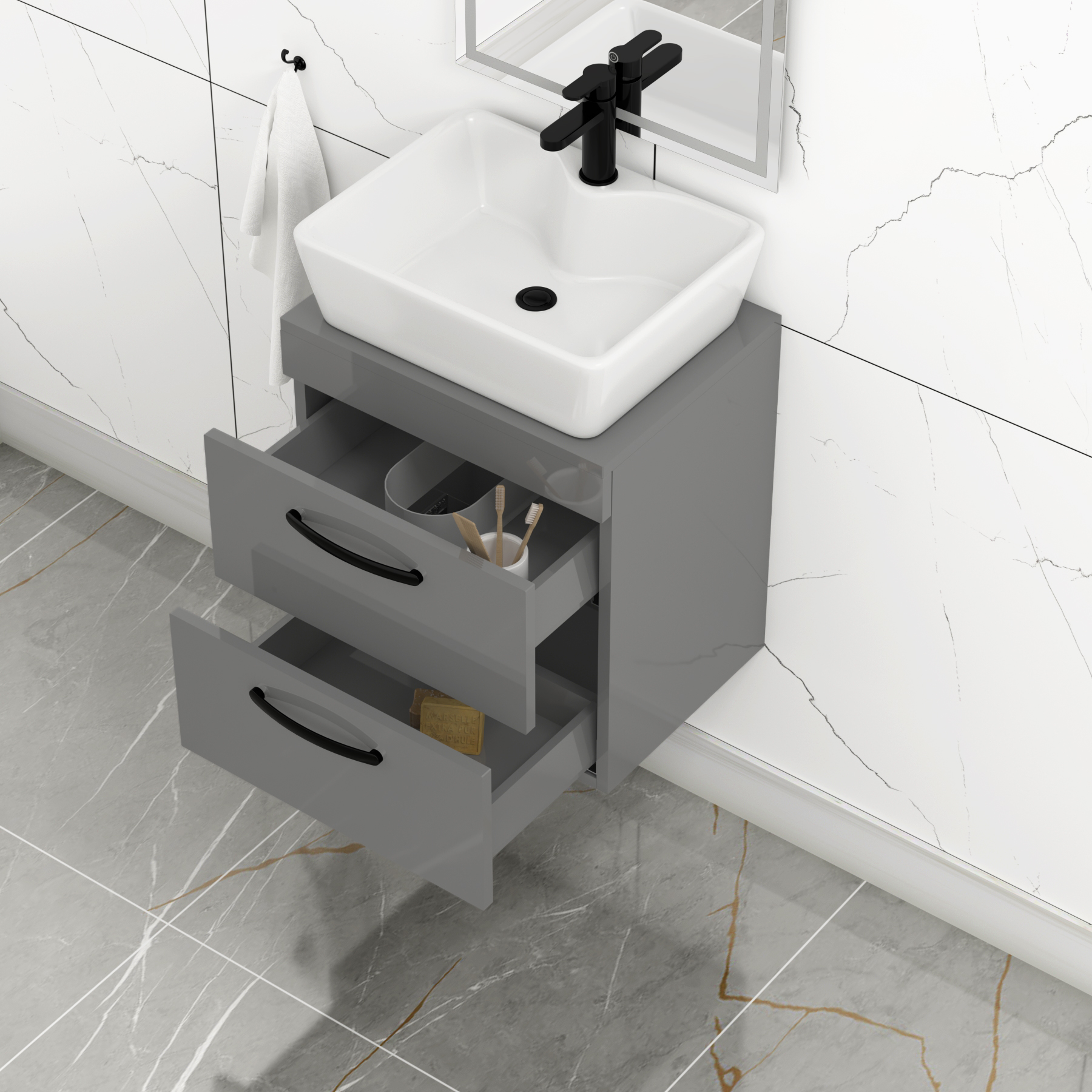 500mm Wall Hung Vanity Unit 2 Drawer Indigo Grey Gloss & Cube Countertop Basin with Matt Black Handle