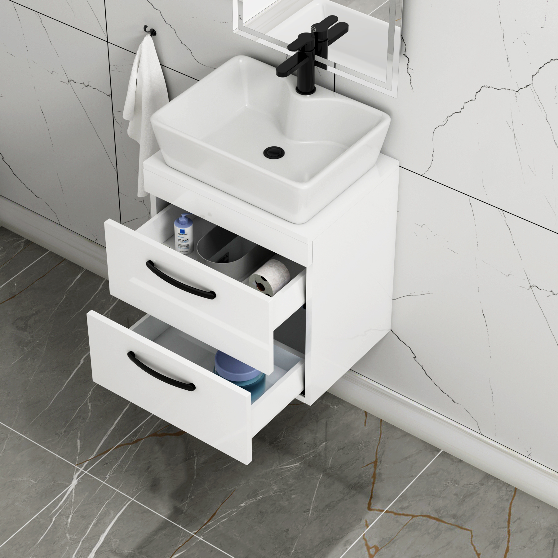 500mm Wall Hung Vanity Unit 2 Drawer Gloss White & Cube Countertop Basin with Matt Black Handle