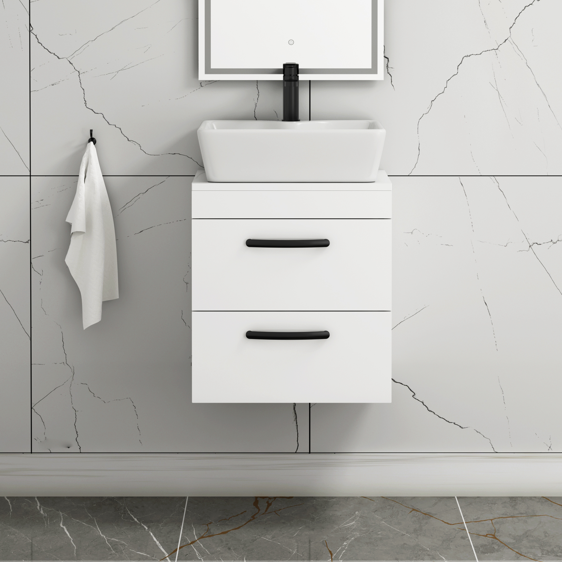 500mm Wall Hung Vanity Unit 2 Drawer Gloss White & Cube Countertop Basin with Matt Black Handle