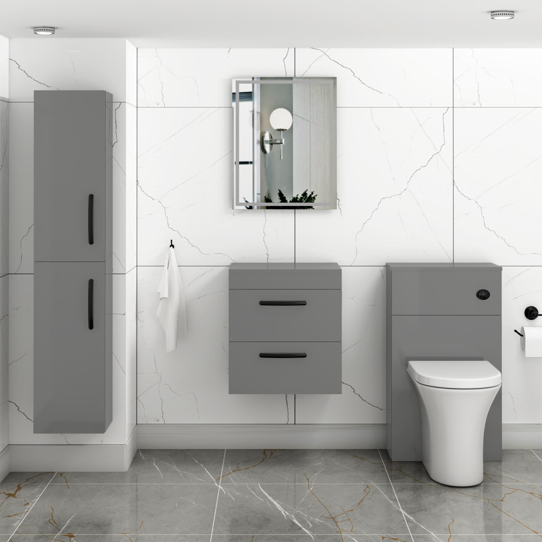 500mm Wall Hung Vanity Unit 2 Drawer Indigo Grey Gloss - Storage Cabinetwith Matt Black Handle