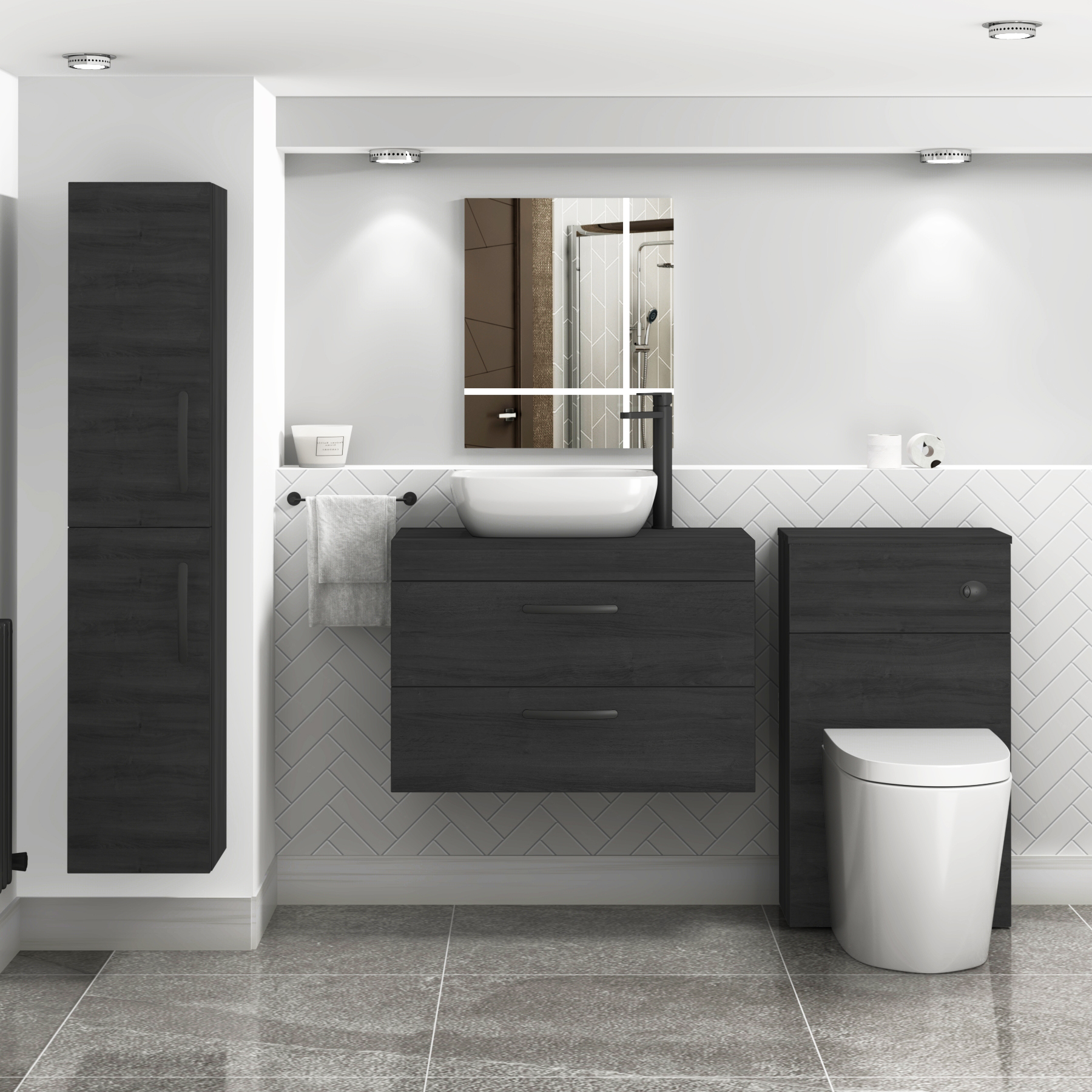 800mm Wall Hung Vanity Unit 2 Drawer Hale Black & Elva Countertop Basin with Matt Black Handle