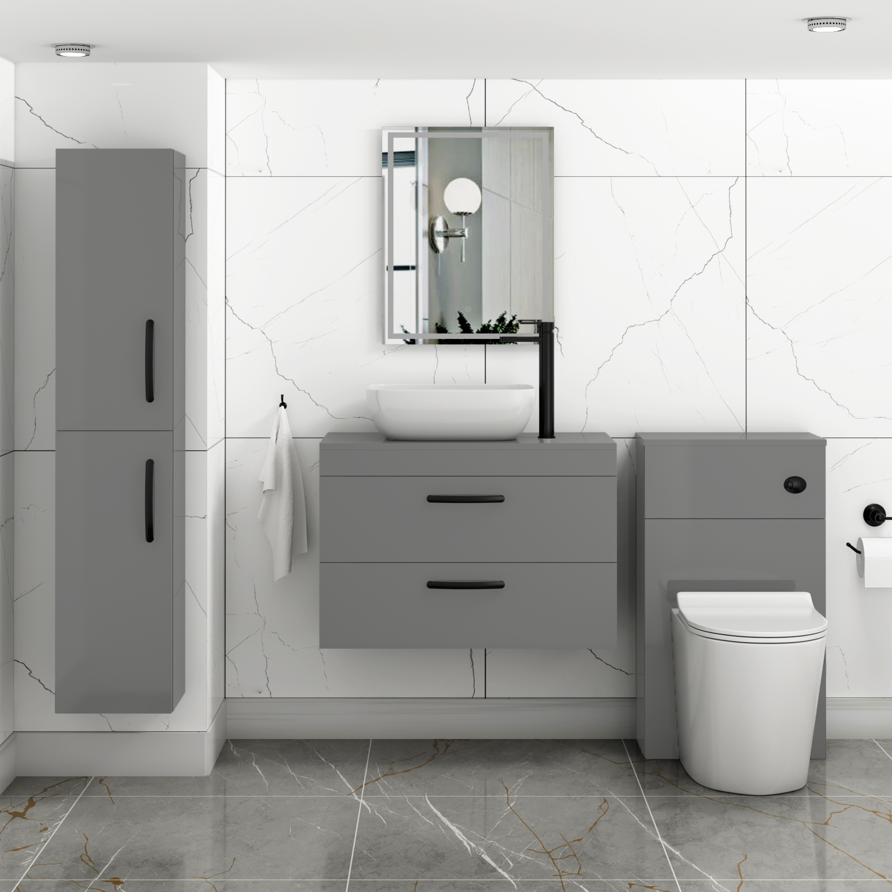 800mm Wall Hung Vanity Unit 2 Drawer Indigo Grey Gloss & Elva Countertop Basin with Matt Black Handle