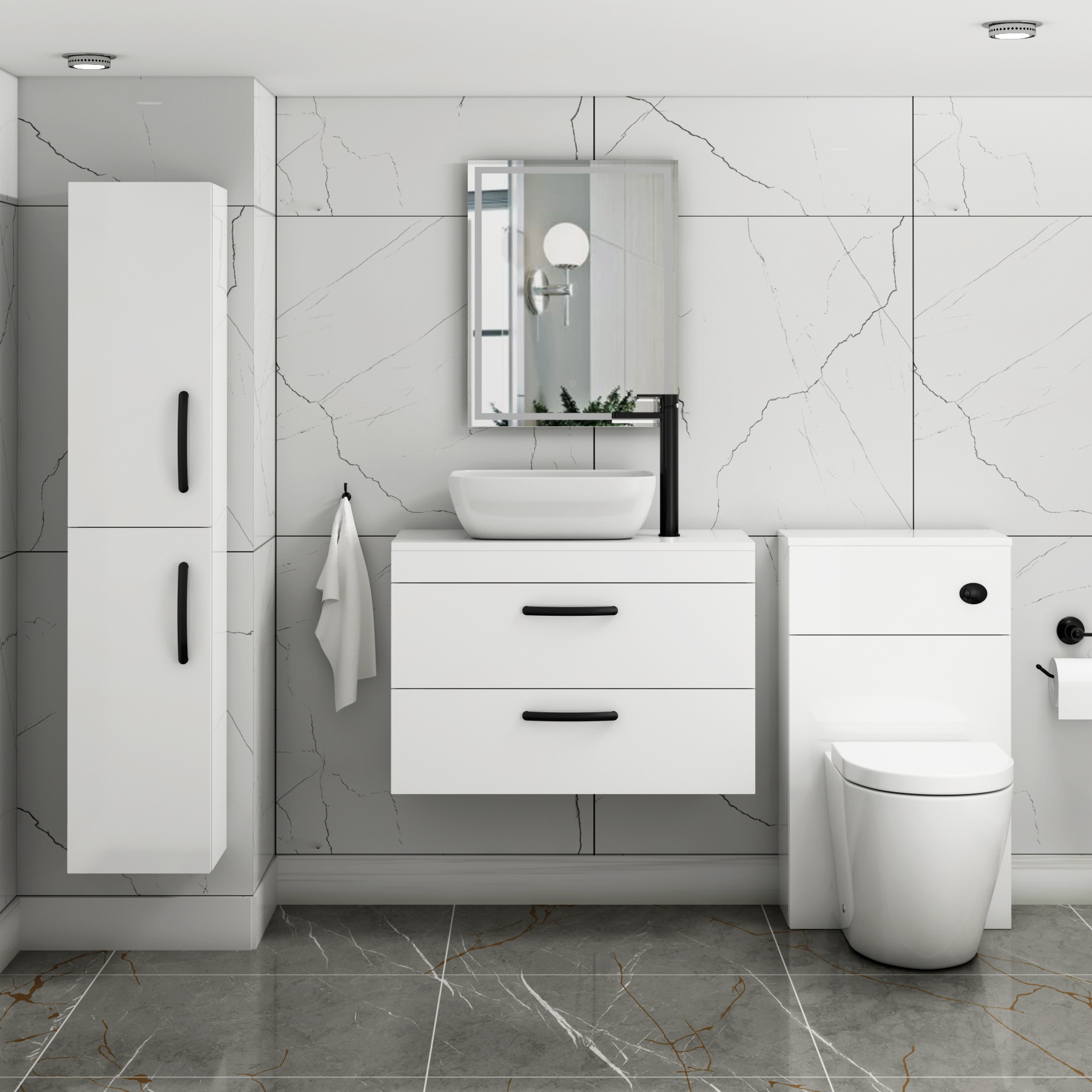 800mm Wall Hung Vanity Unit 2 Drawer Gloss White & Elva Countertop Basin with Matt Black Handle