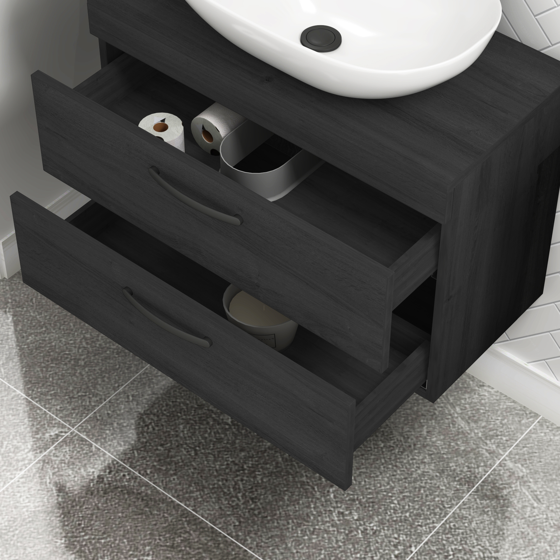 800mm Wall Hung Vanity Unit 2 Drawer Hale Black & Elva Countertop Basin with Matt Black Handle