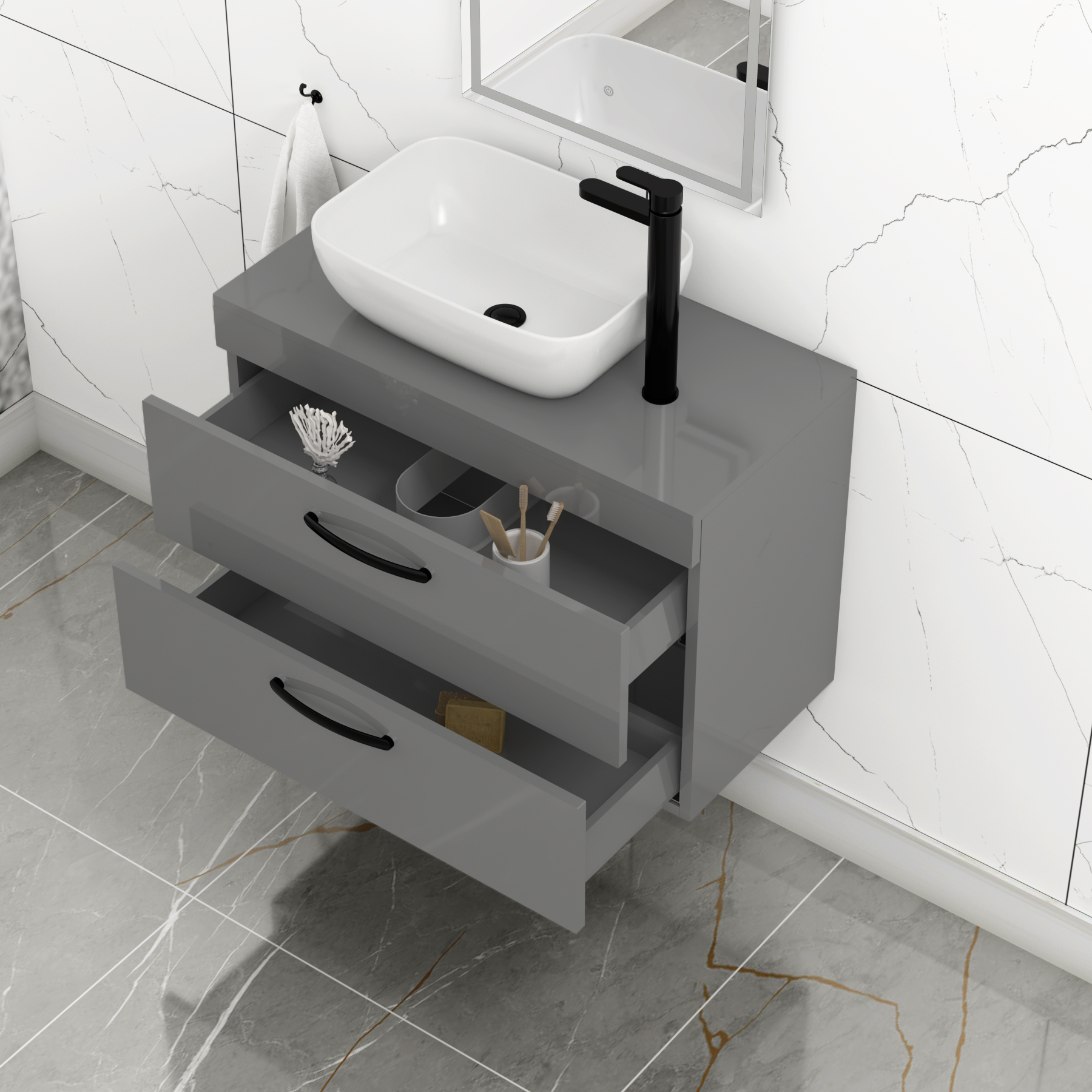 800mm Wall Hung Vanity Unit 2 Drawer Indigo Grey Gloss & Elva Countertop Basin with Matt Black Handle