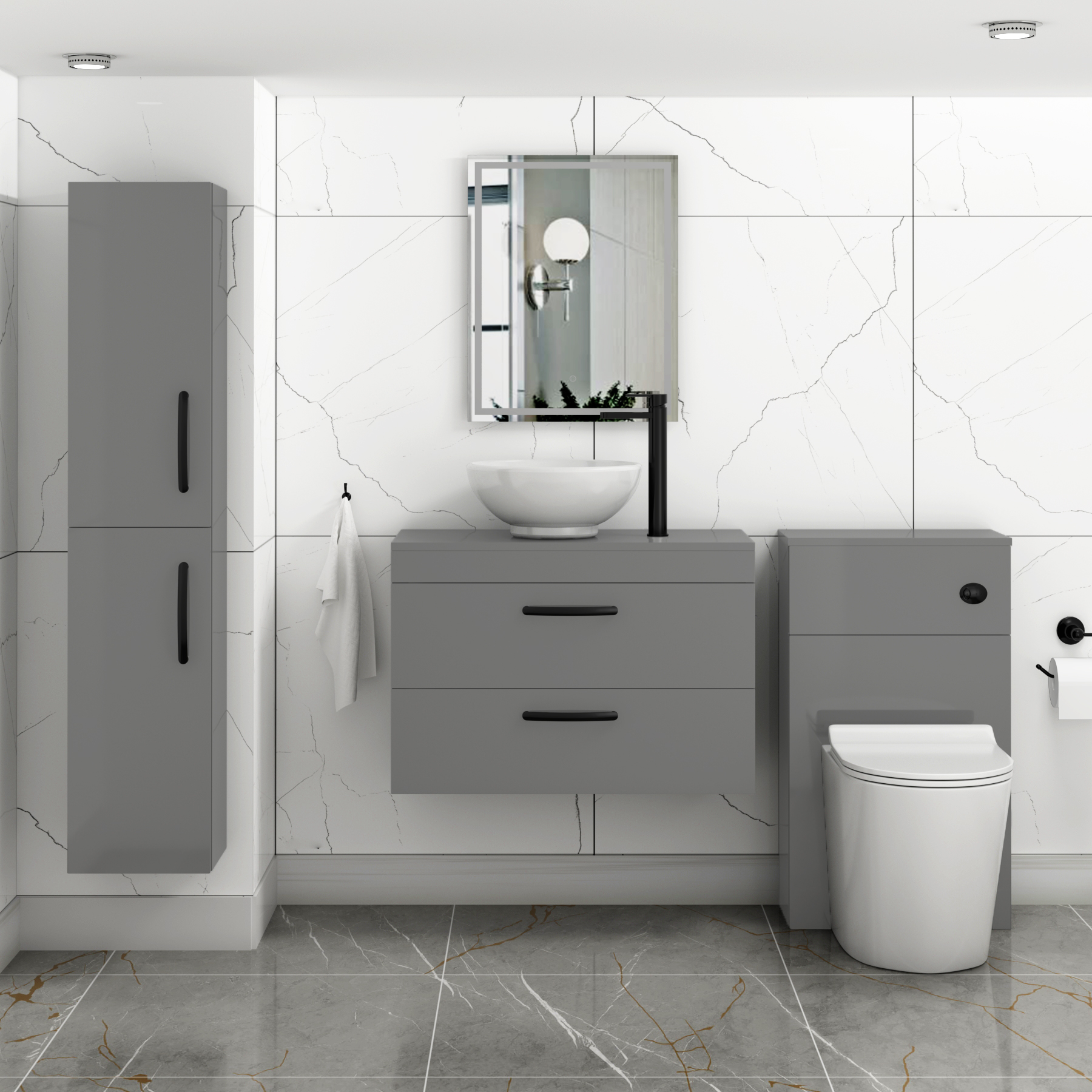 800mm Wall Hung Vanity Unit 2 Drawer Indigo Grey Gloss & Breeze Countertop Basin with Matt Black Handle