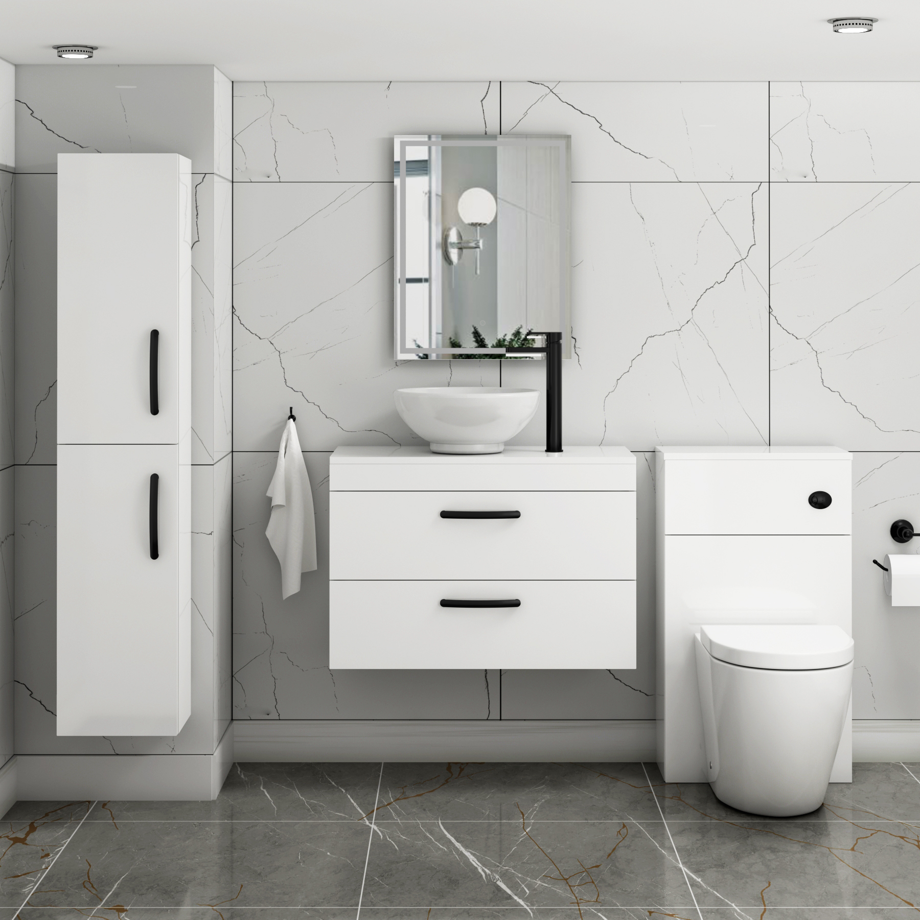 800mm Wall Hung Vanity Unit 2 Drawer Gloss White & Breeze Countertop Basin with Matt Black Handle