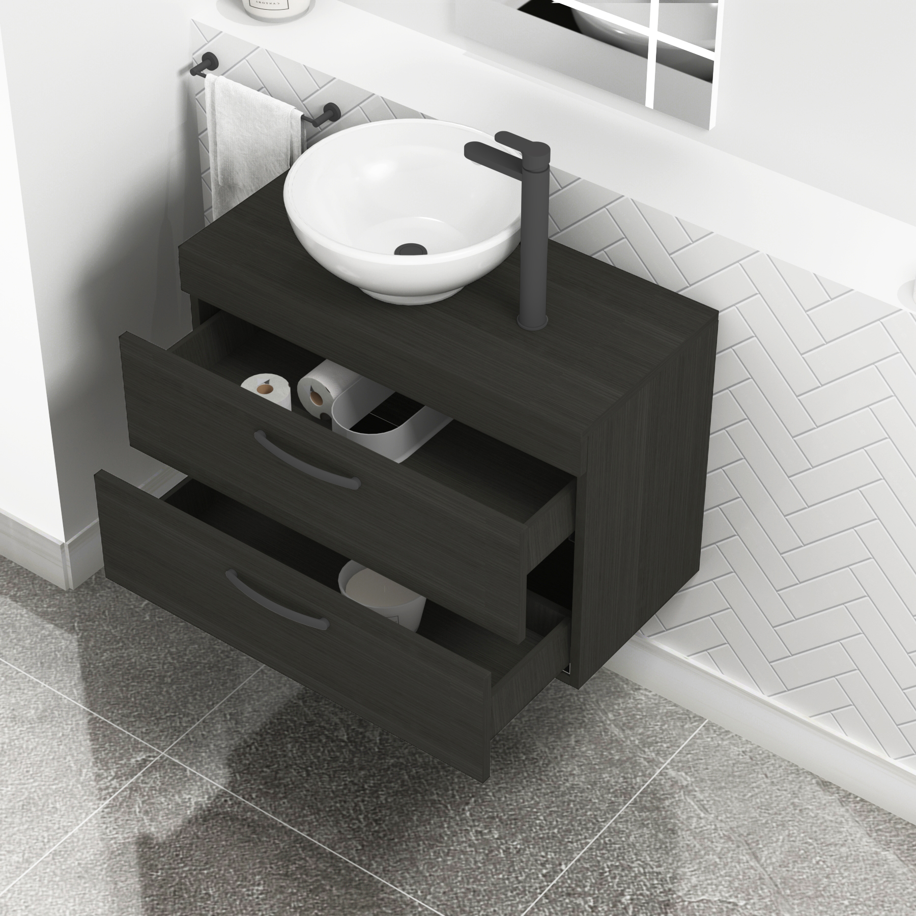 800mm Wall Hung Vanity Unit 2 Drawer Hale Black & Breeze Countertop Basin with Matt Black Handle