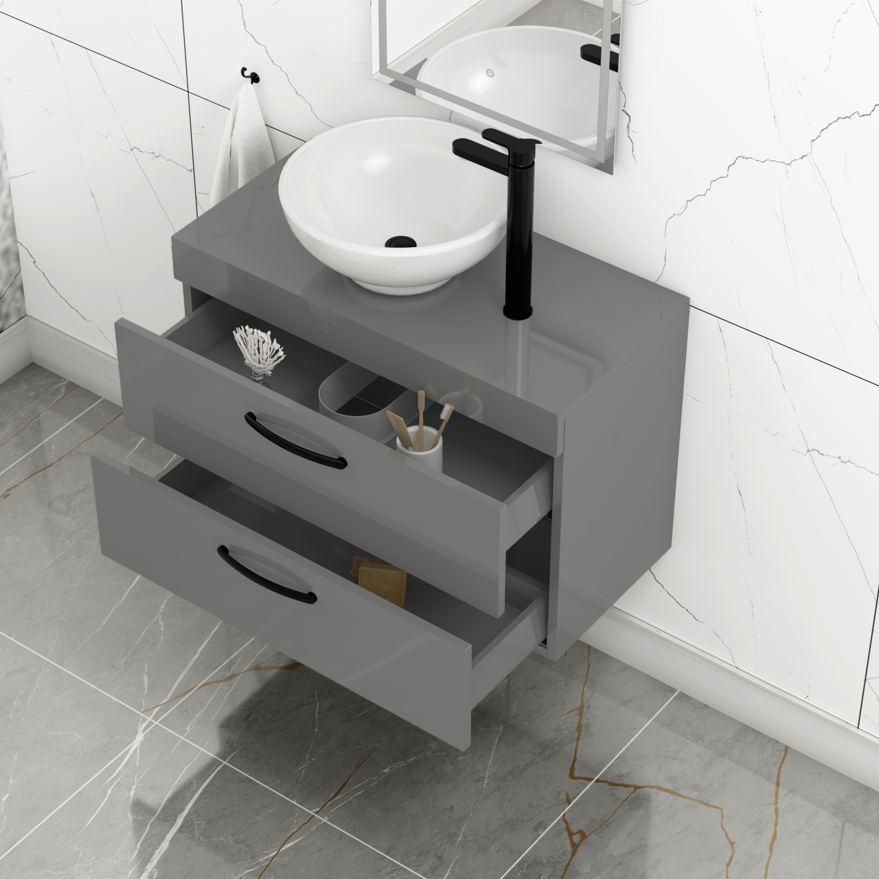800mm Wall Hung Vanity Unit 2 Drawer Indigo Grey Gloss & Breeze Countertop Basin with Matt Black Handle