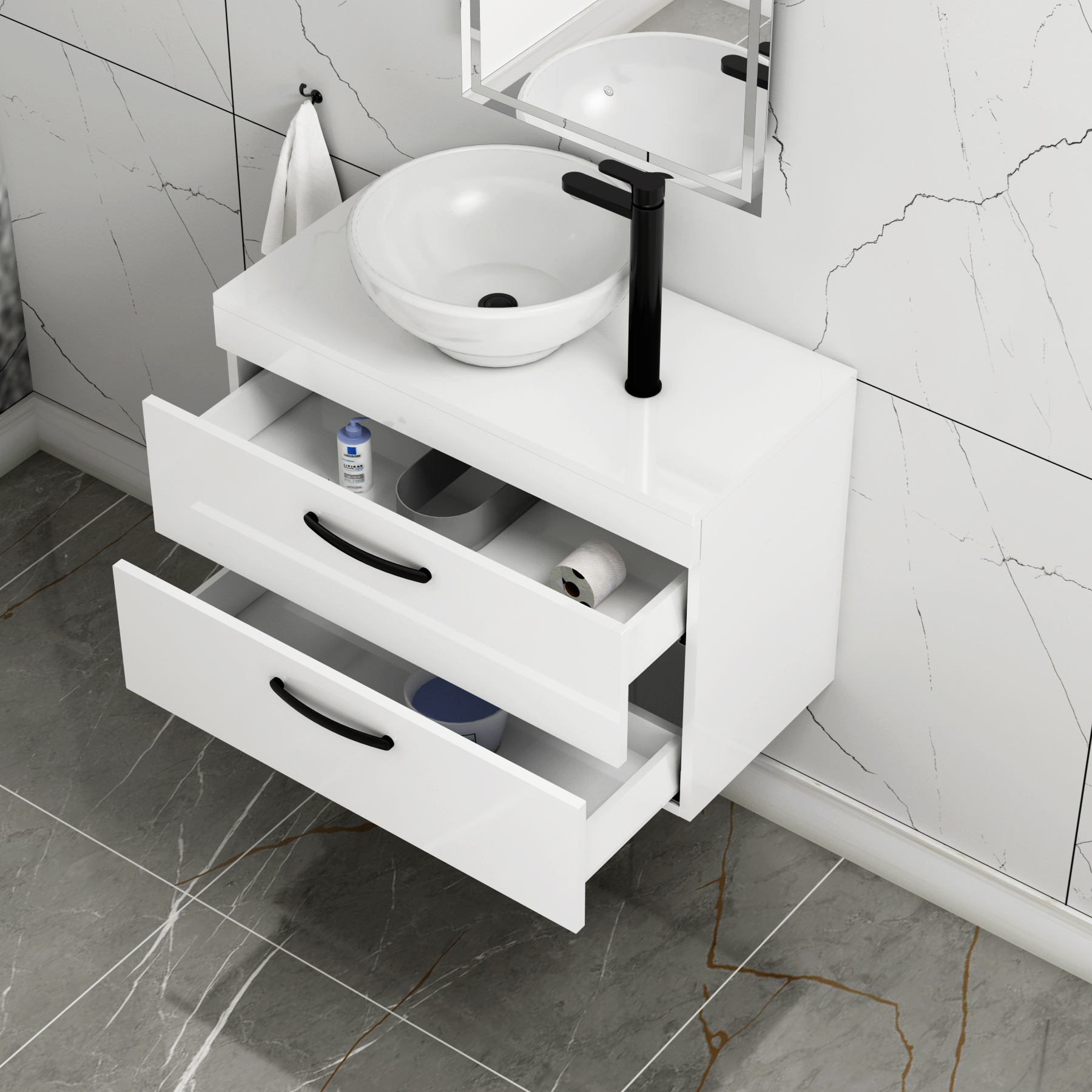 800mm Wall Hung Vanity Unit 2 Drawer Gloss White & Breeze Countertop Basin with Matt Black Handle