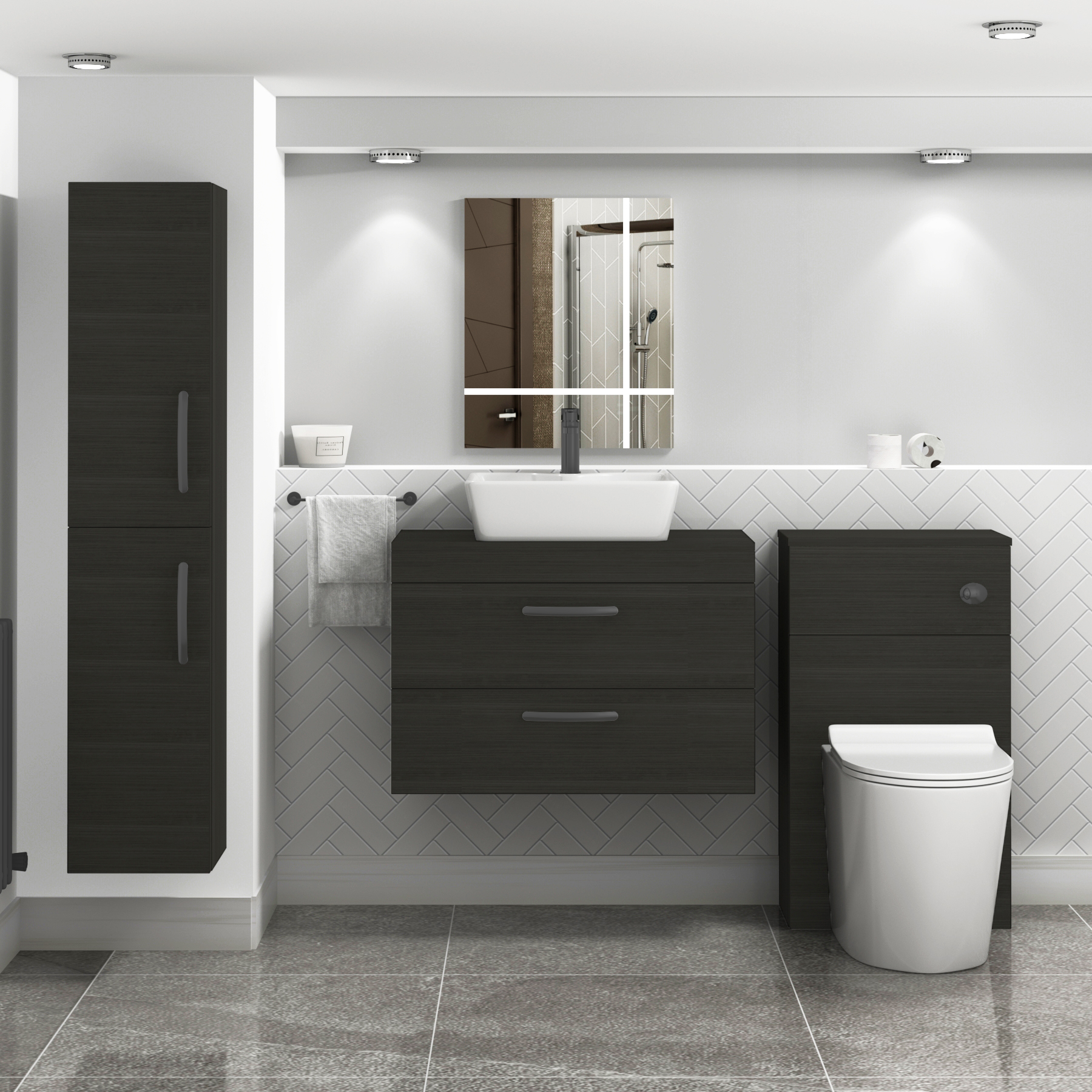 800mm Wall Hung Vanity Unit 2 Drawer Hale Black & Cube Countertop Basin with Matt Black Handle