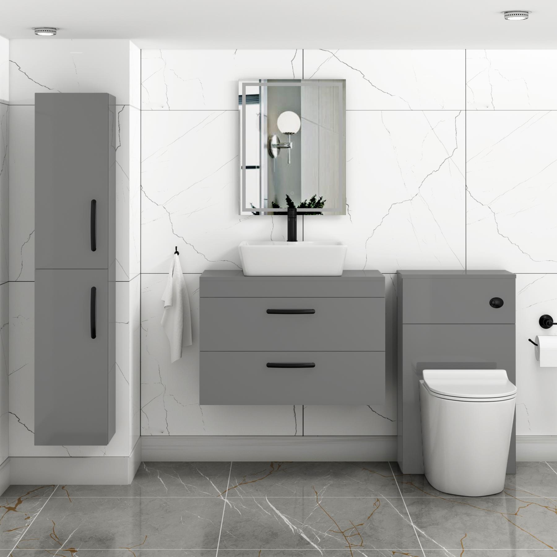 800mm Wall Hung Vanity Unit 2 Drawer Indigo Grey Gloss & Cube Countertop Basin with Matt Black Handle