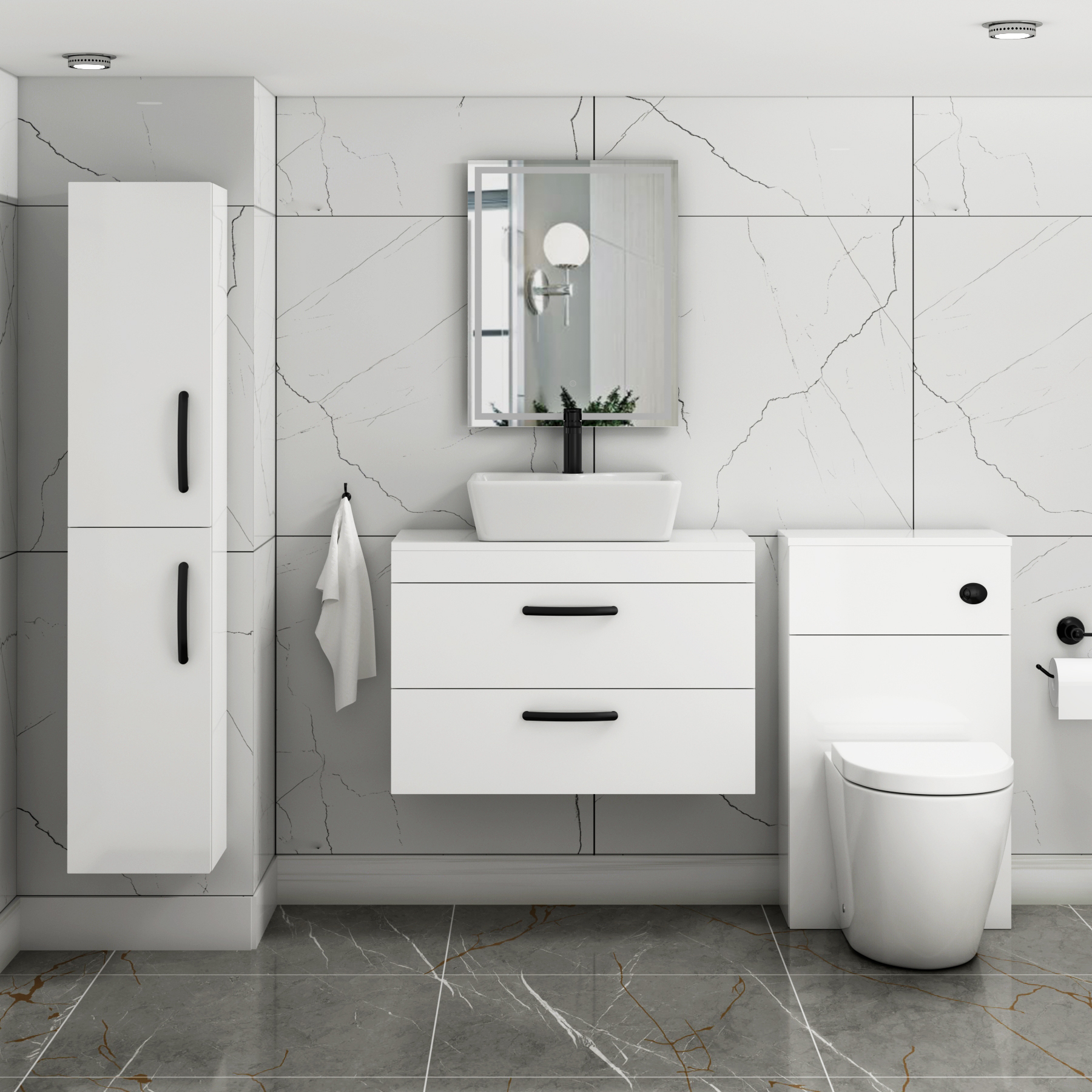 800mm Wall Hung Vanity Unit 2 Drawer Gloss White & Cube Countertop Basin with Matt Black Handle