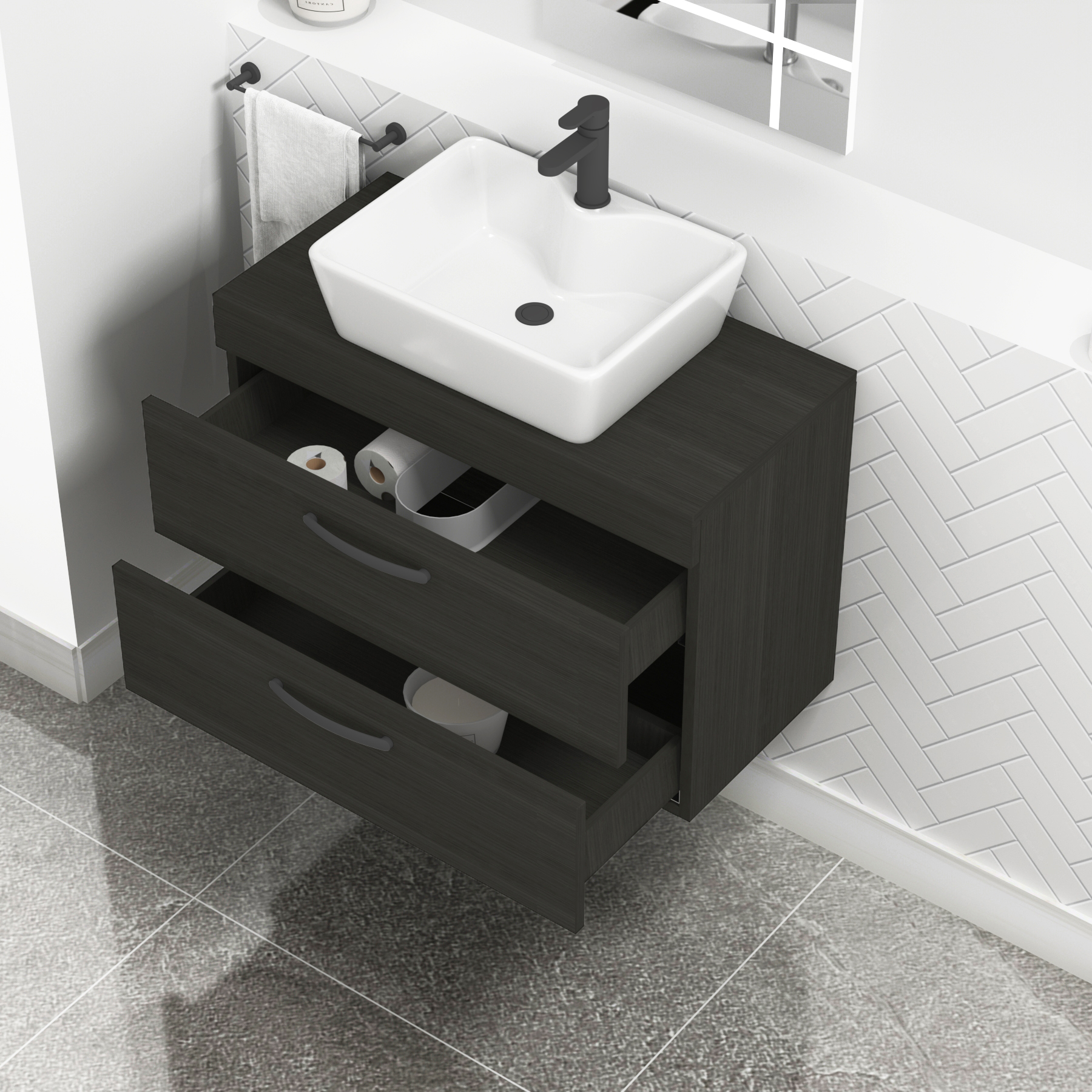 800mm Wall Hung Vanity Unit 2 Drawer Hale Black & Cube Countertop Basin with Matt Black Handle