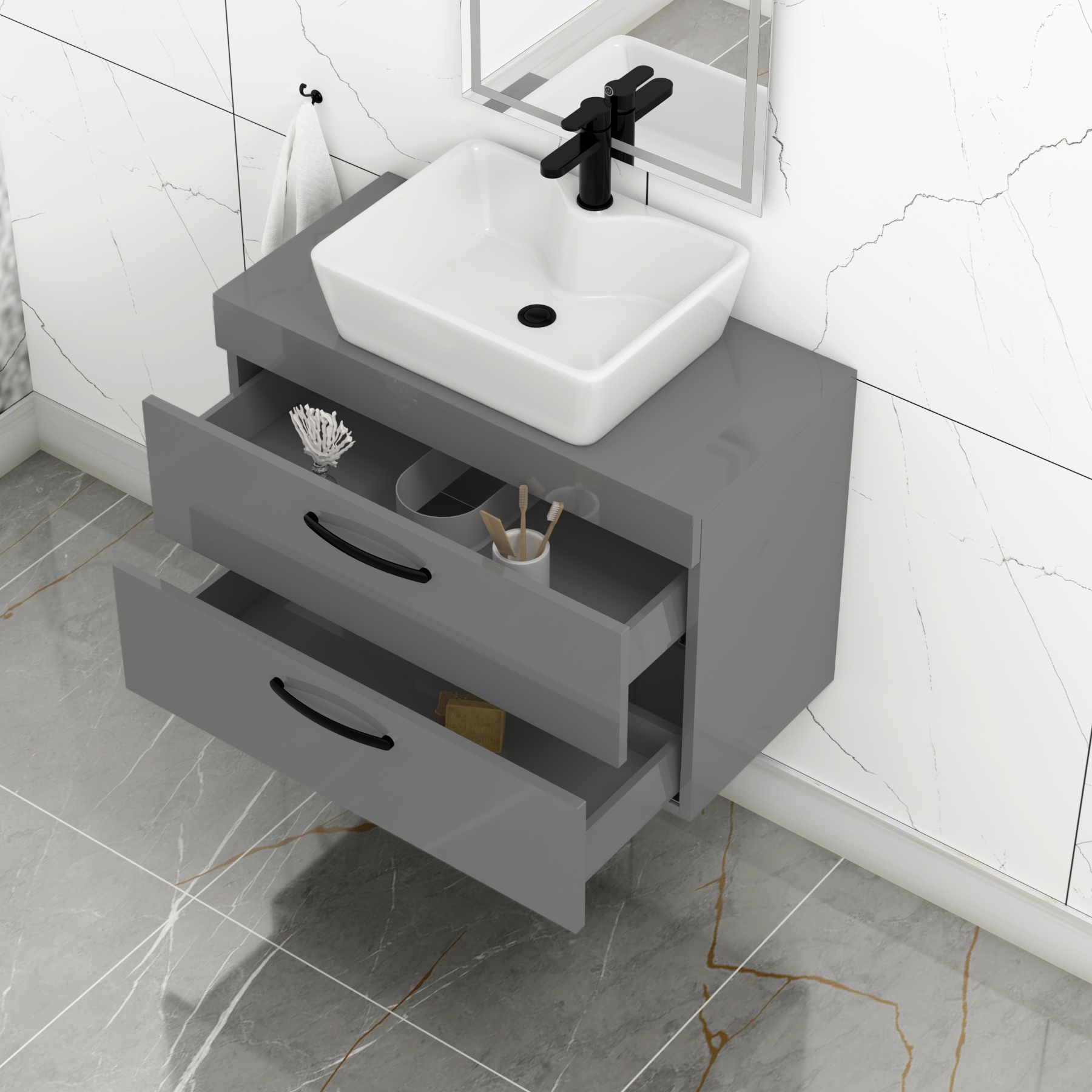 800mm Wall Hung Vanity Unit 2 Drawer Indigo Grey Gloss & Cube Countertop Basin with Matt Black Handle