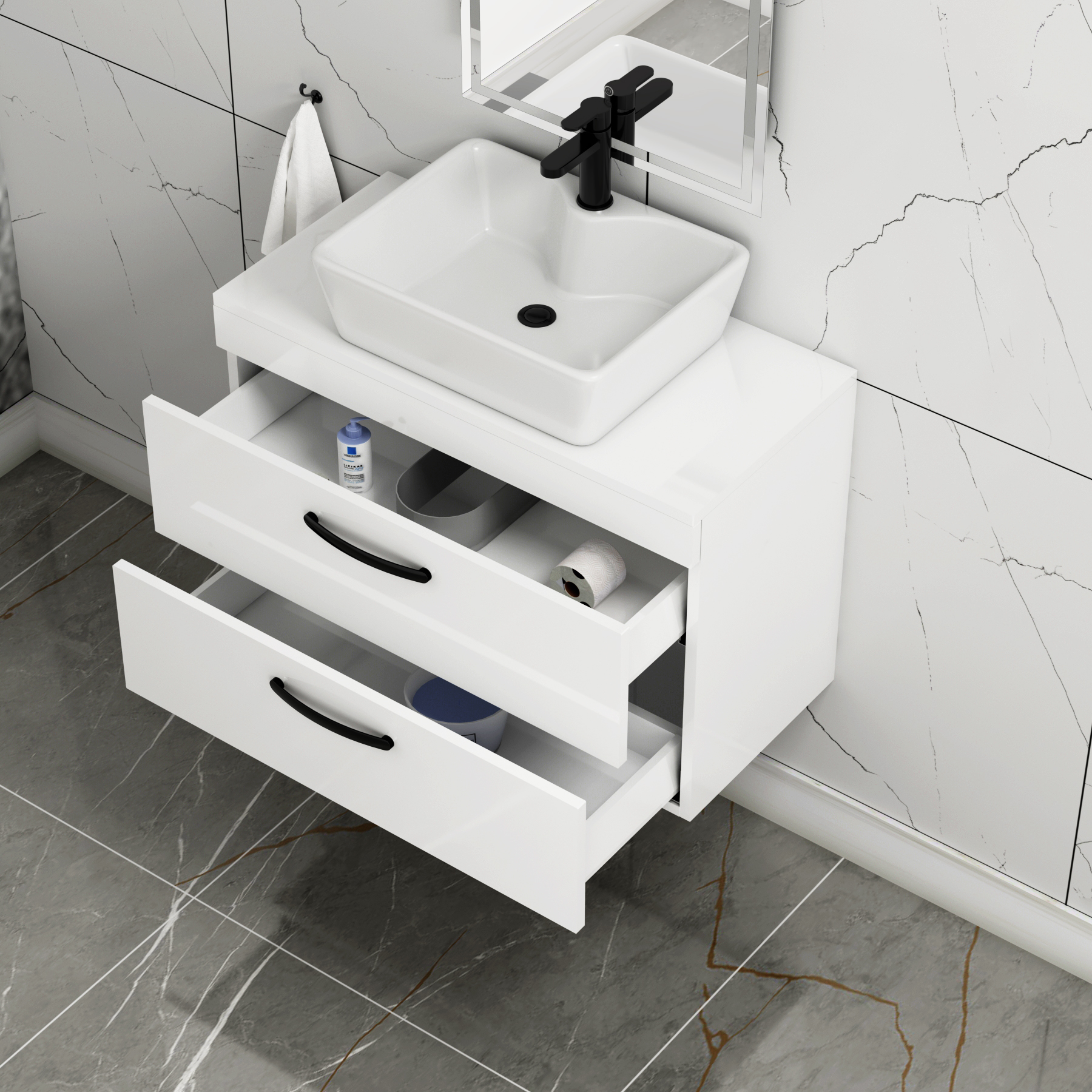 800mm Wall Hung Vanity Unit 2 Drawer Gloss White & Cube Countertop Basin with Matt Black Handle