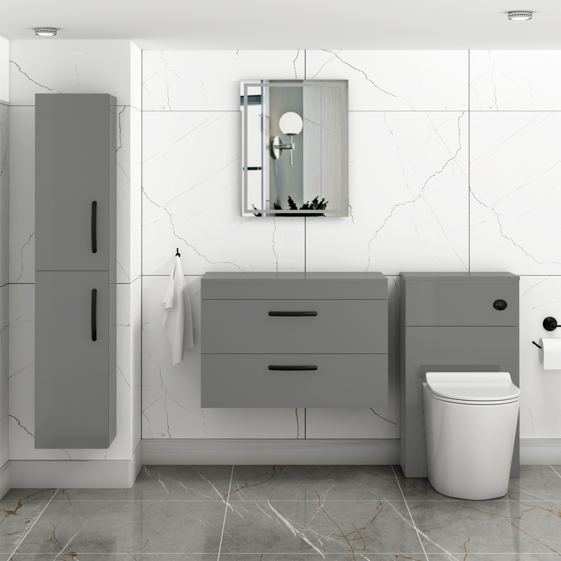 800mm Wall Hung Vanity Unit 2 Drawer Indigo Gloss Grey - Storage Cabinetwith Matt Black Handle