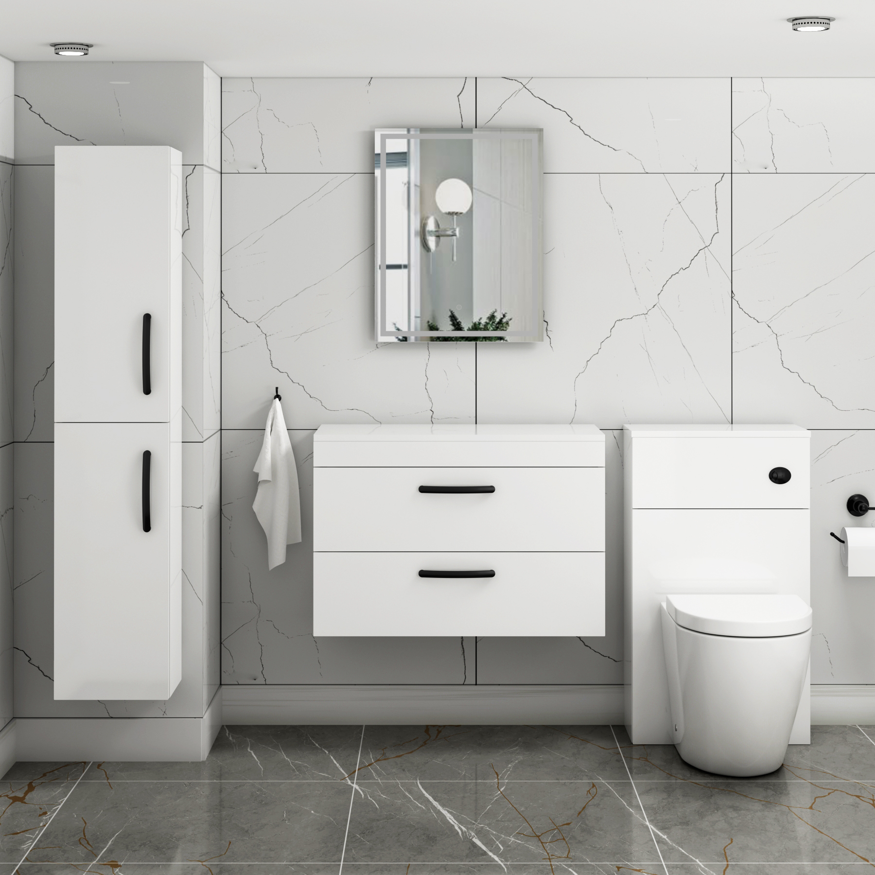 800mm Wall Hung Vanity Unit 2 Drawer Gloss White - Storage Cabinetwith Matt Black Handle