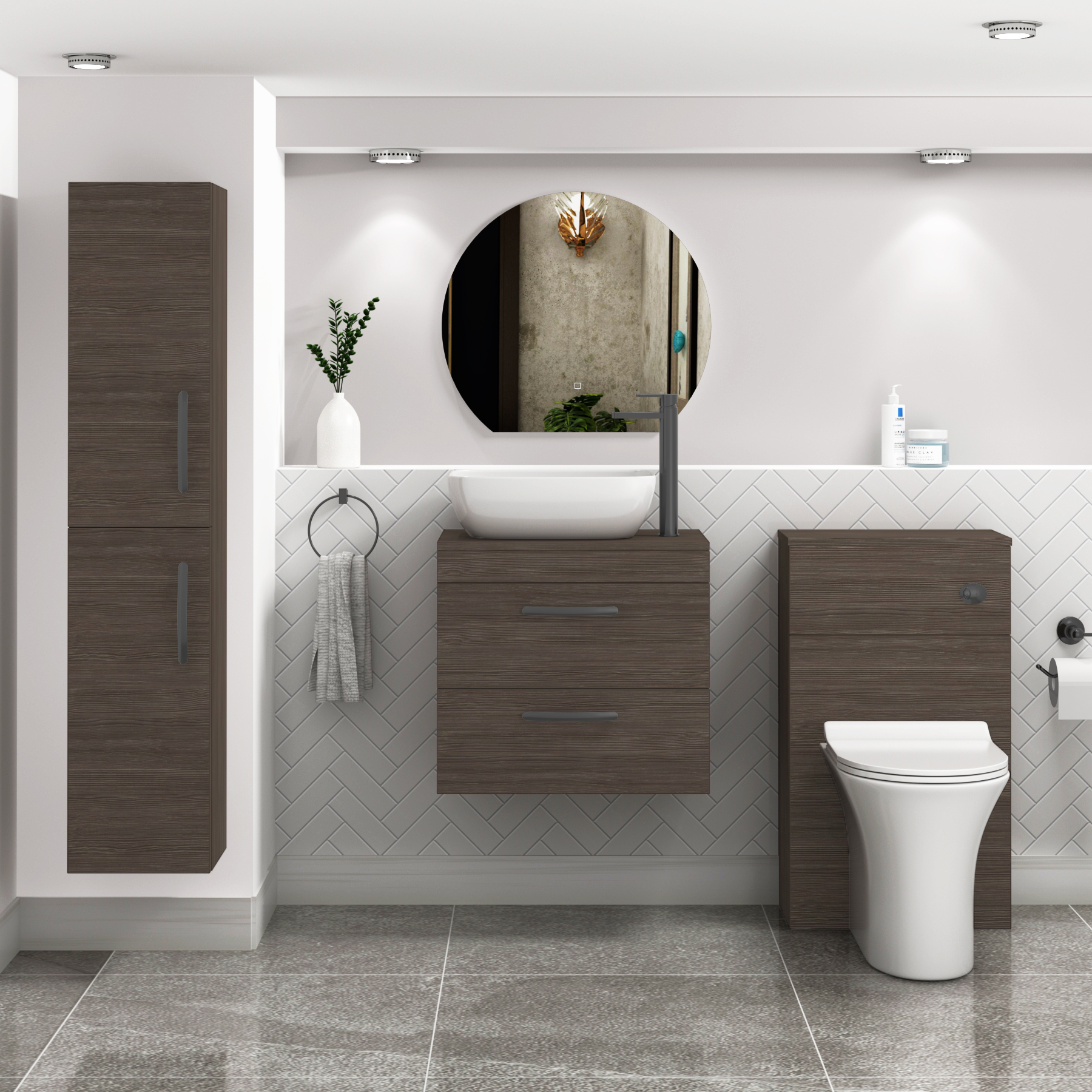 600mm Wall Hung Vanity Unit 2 Drawer Grey Elm & Elva Countertop Basin with Matt Black Handle