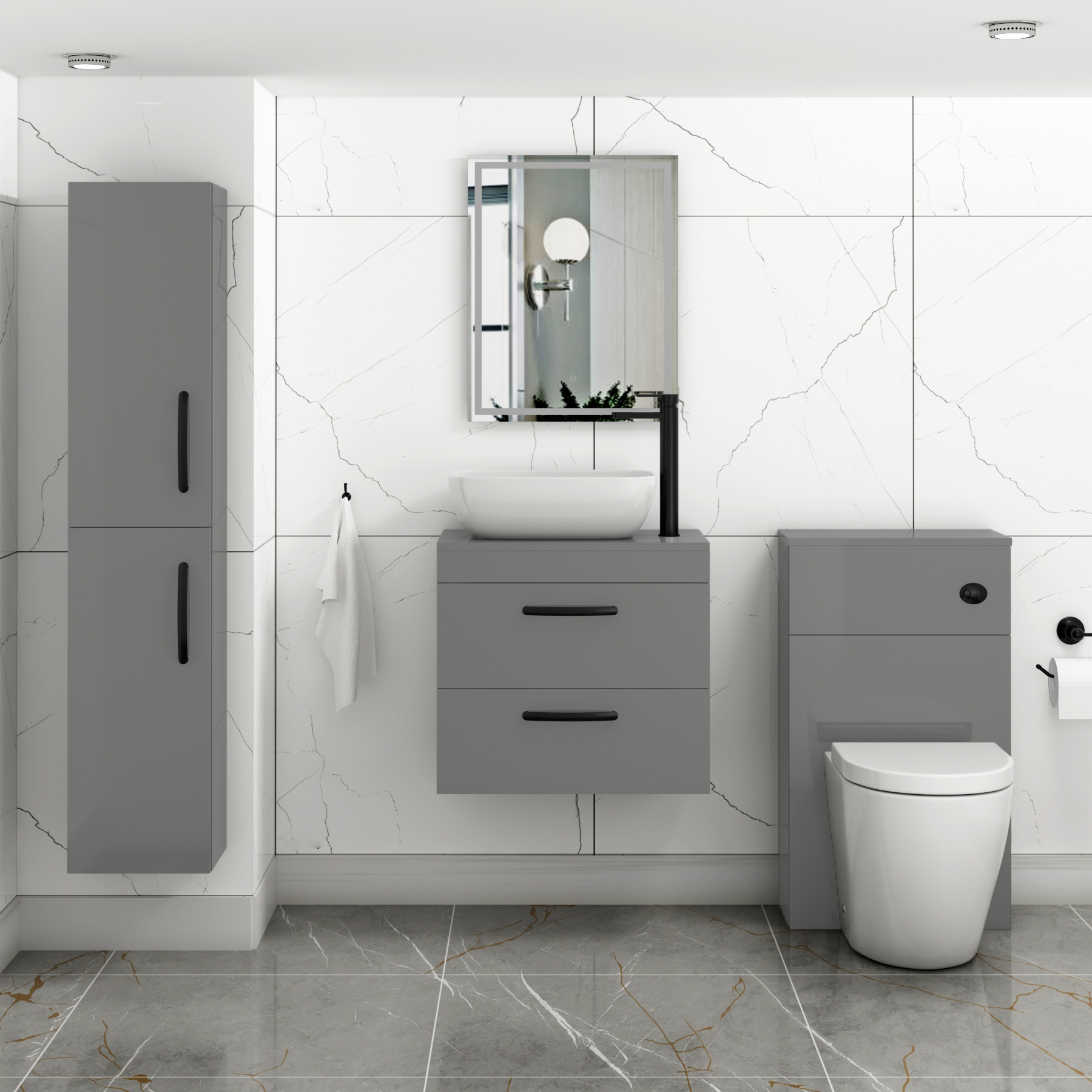 600mm Wall Hung Vanity Unit 2 Drawer Indigo Grey Gloss & Elva Countertop Basin with Matt Black Handle