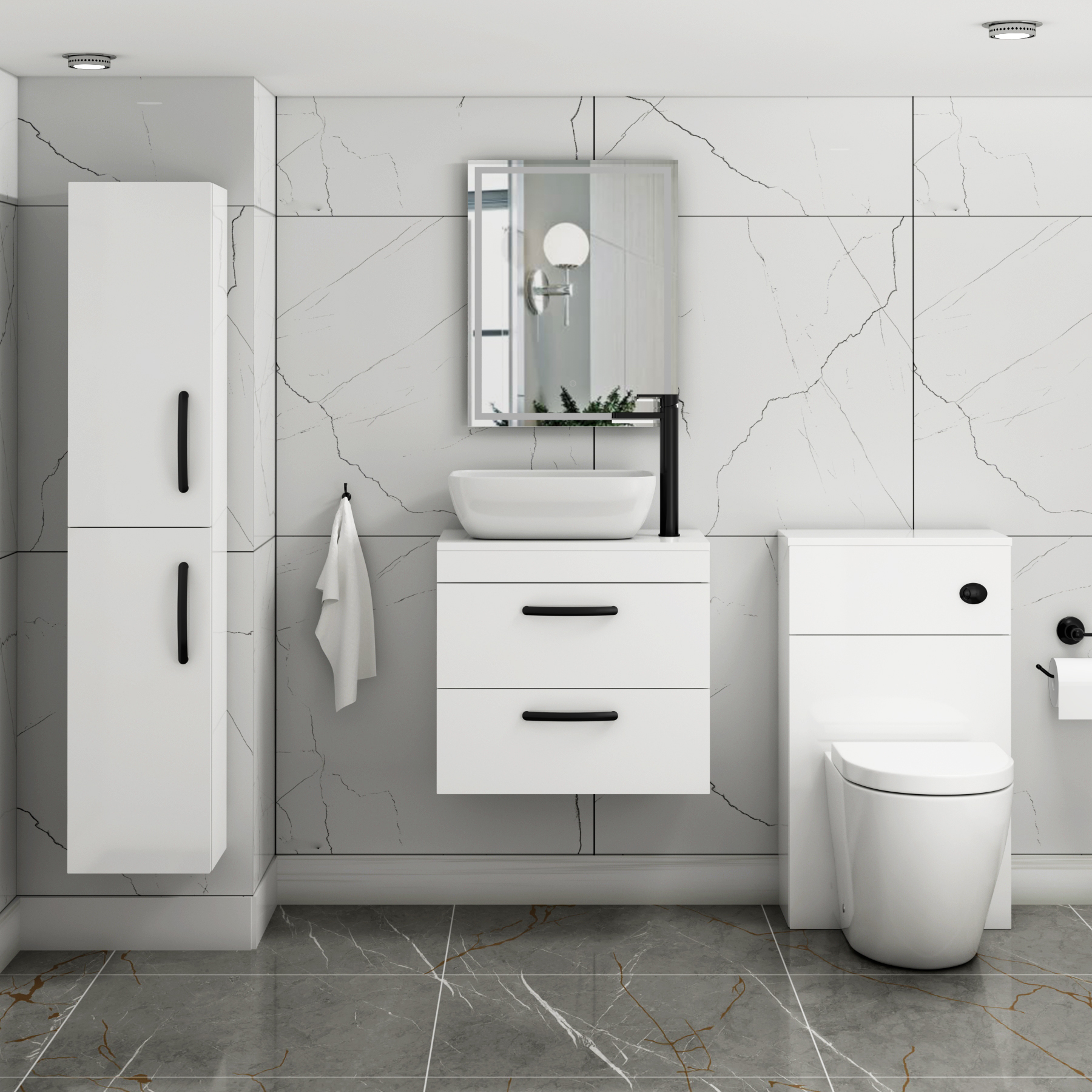 600mm Wall Hung Vanity Unit 2 Drawer Gloss White & Elva Countertop Basin with Matt Black Handle