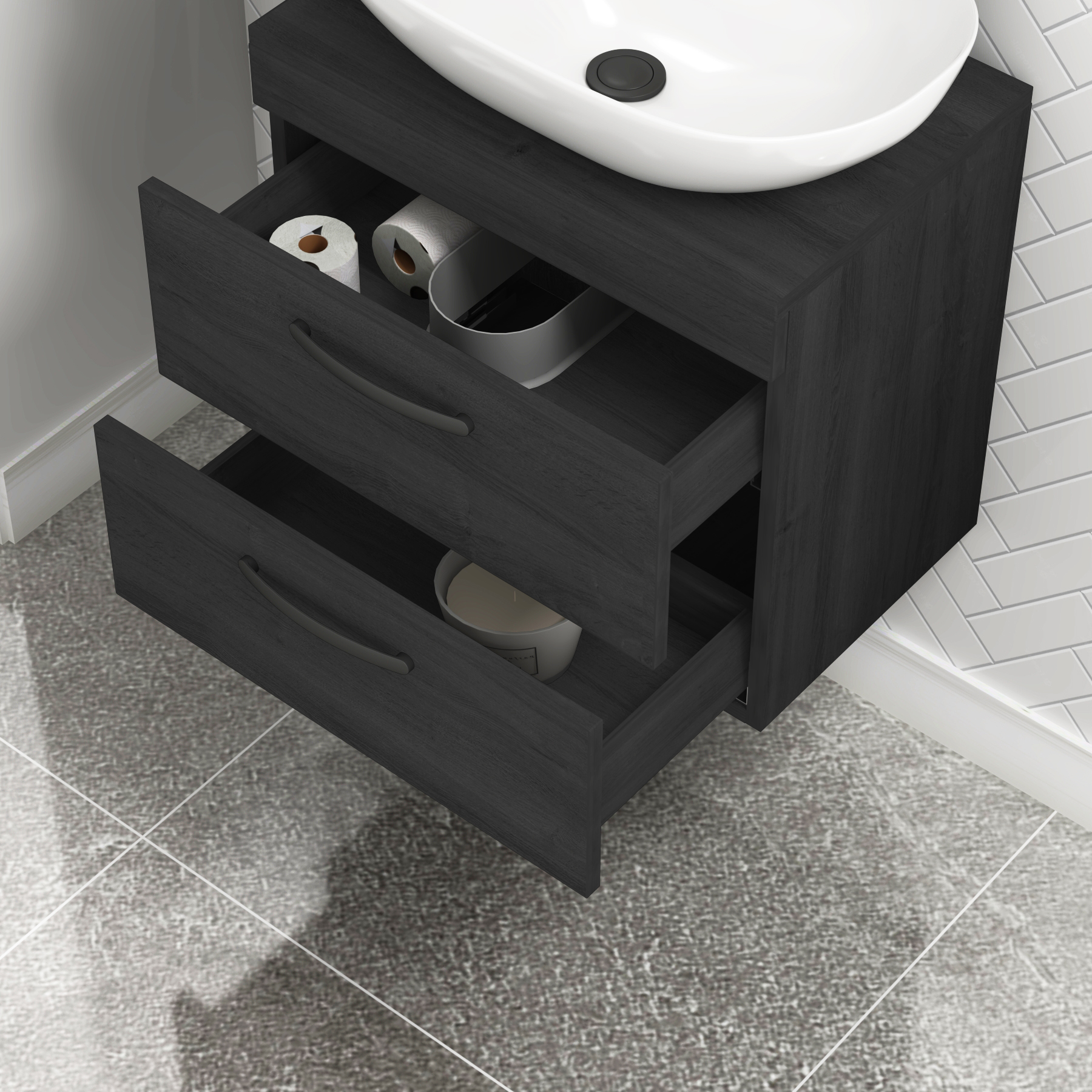 600mm Wall Hung Vanity Unit 2 Drawer Hale Black & Elva Countertop Basin with Matt Black Handle