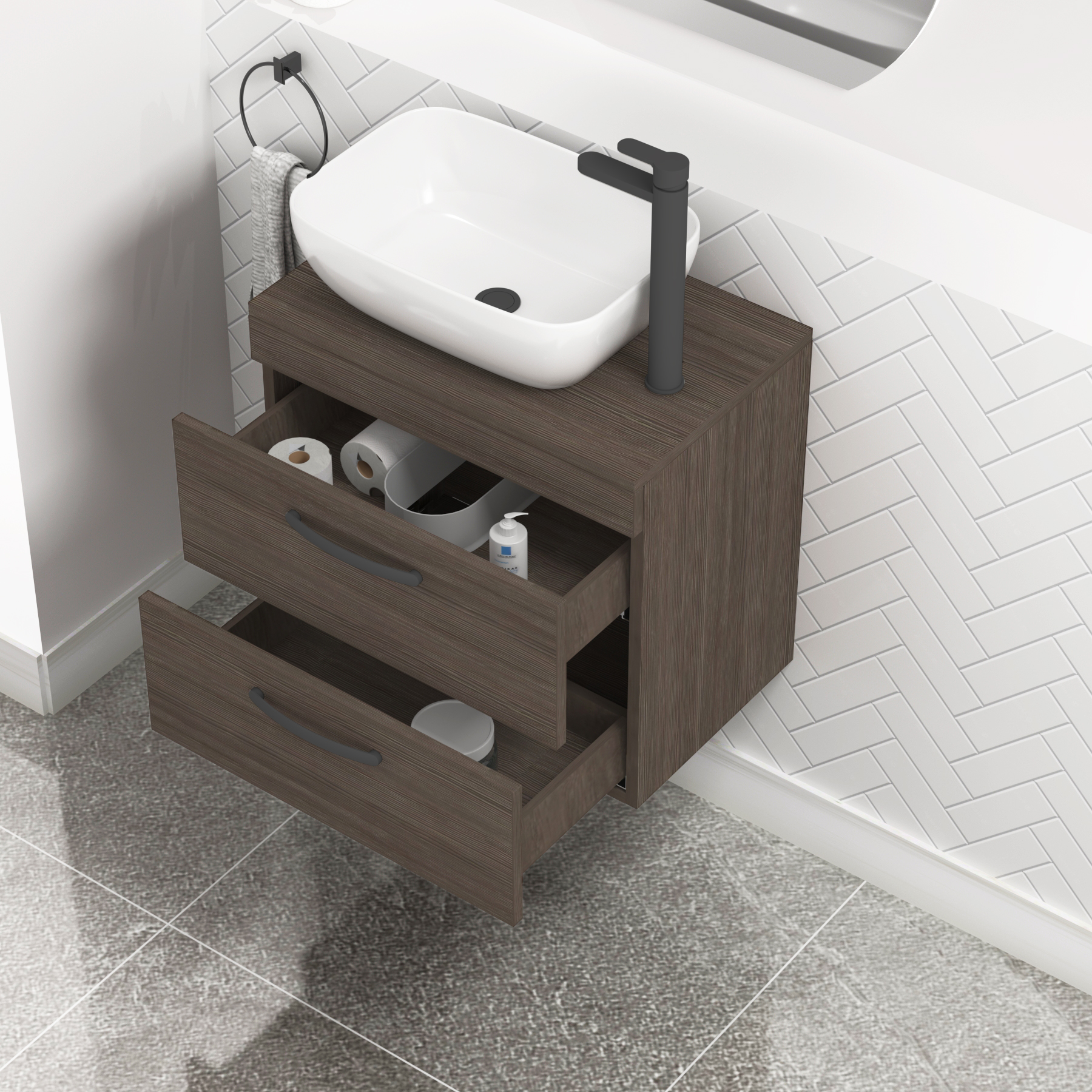 600mm Wall Hung Vanity Unit 2 Drawer Grey Elm & Elva Countertop Basin with Matt Black Handle