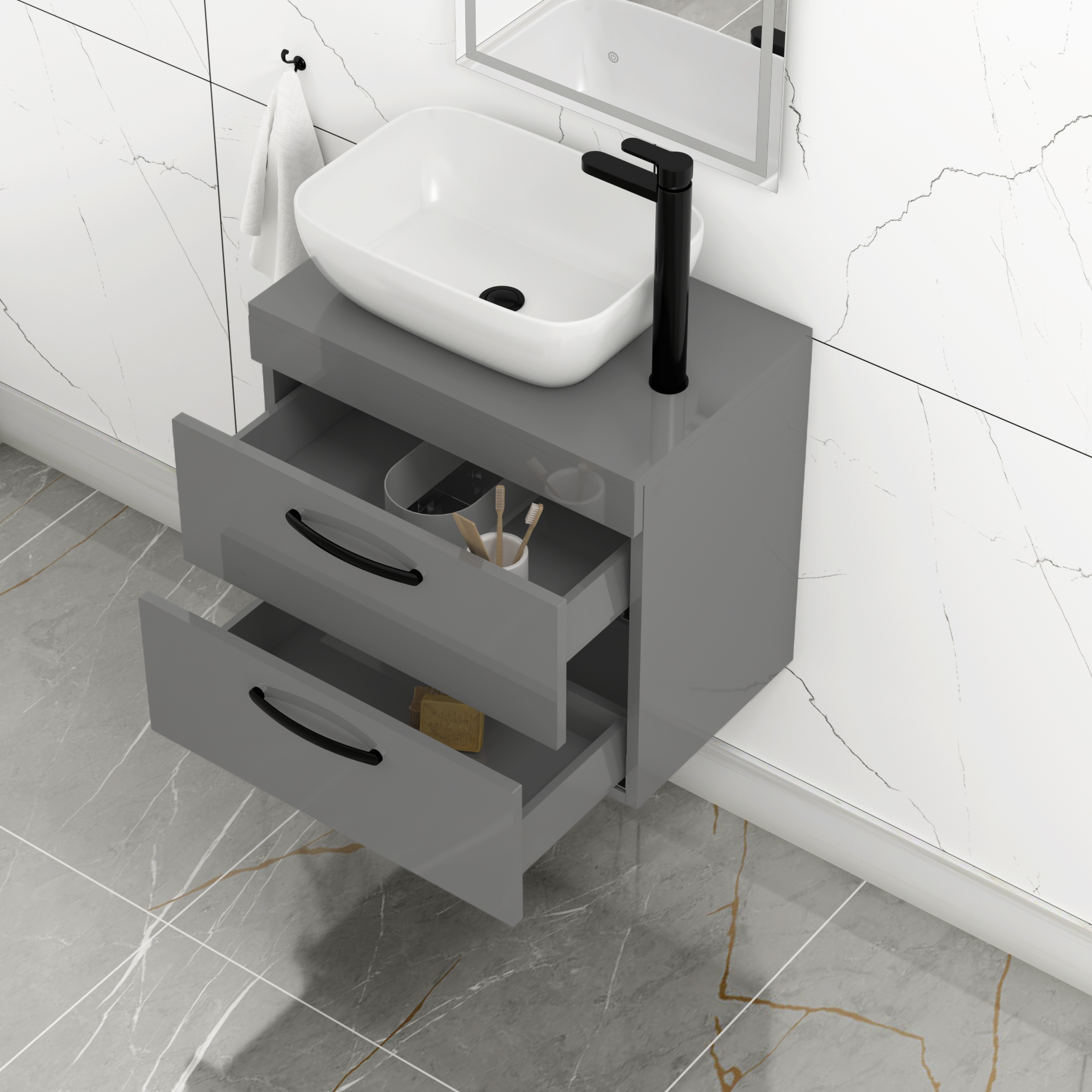 600mm Wall Hung Vanity Unit 2 Drawer Indigo Grey Gloss & Elva Countertop Basin with Matt Black Handle