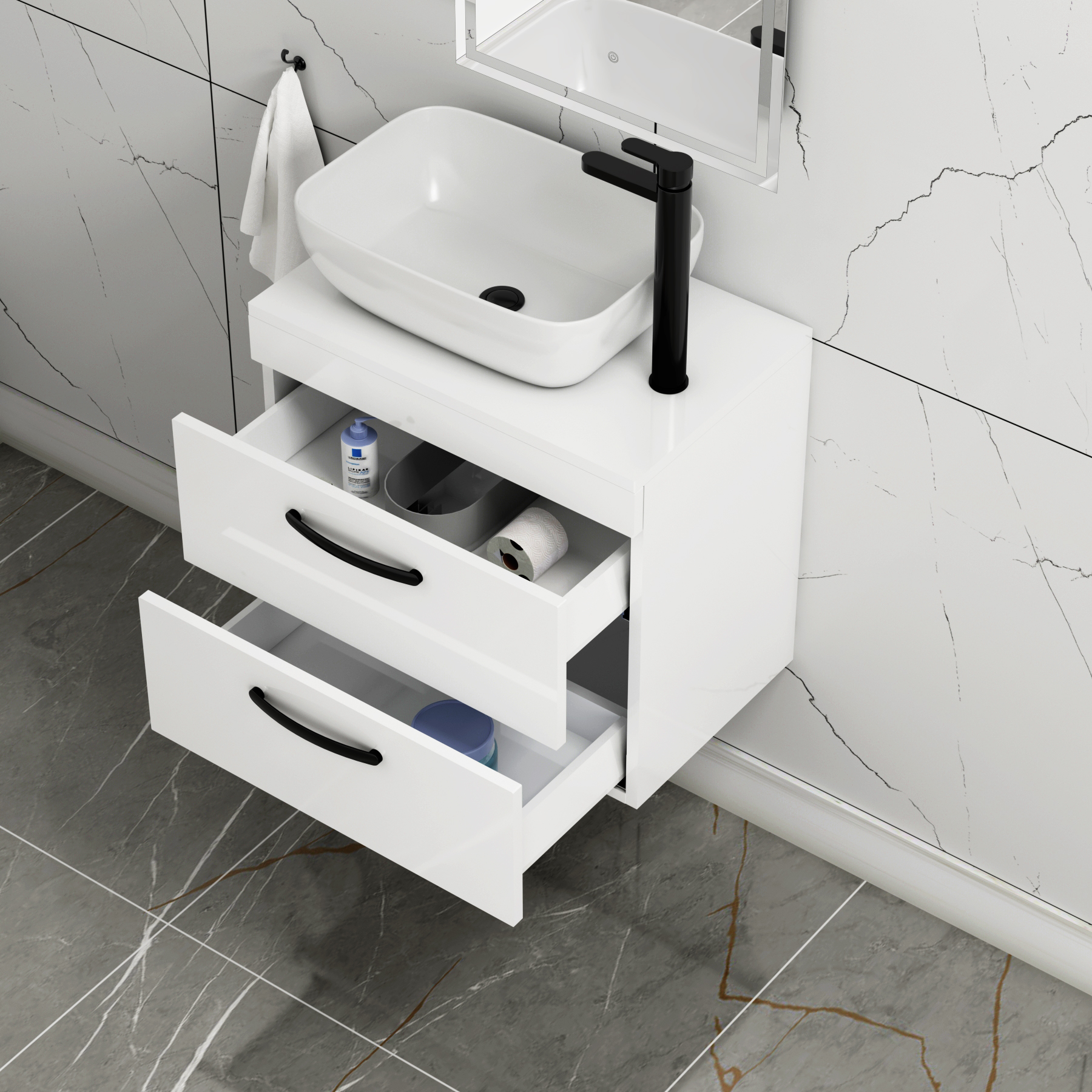 600mm Wall Hung Vanity Unit 2 Drawer Gloss White & Elva Countertop Basin with Matt Black Handle