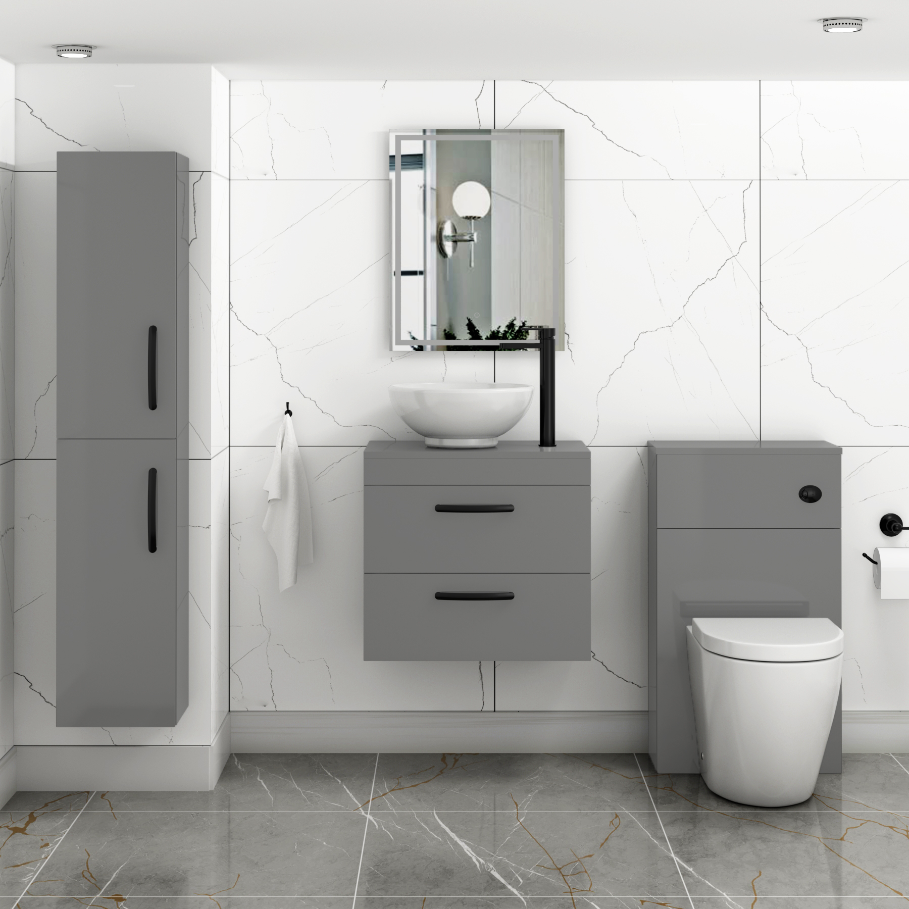 600mm Wall Hung Vanity Unit 2 Drawer Indigo Grey Gloss & Breeze Countertop Basin with Matt Black Handle