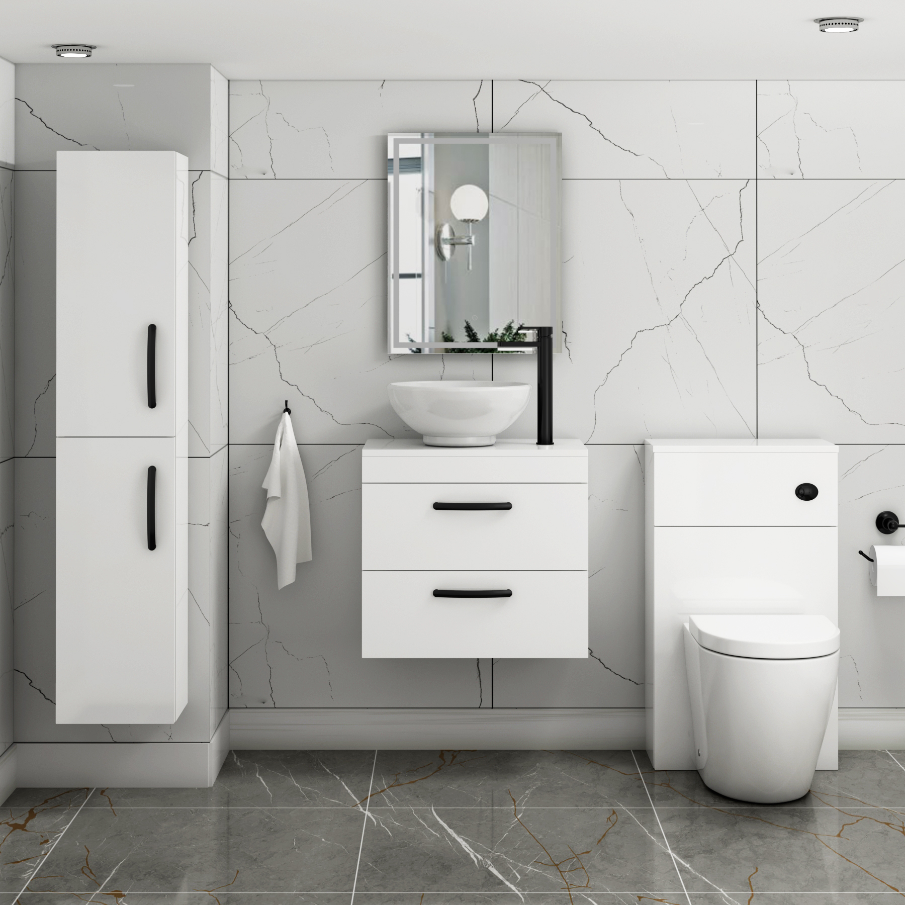 600mm Wall Hung Vanity Unit 2 Drawer Gloss White & Breeze Countertop Basin with Matt Black Handle