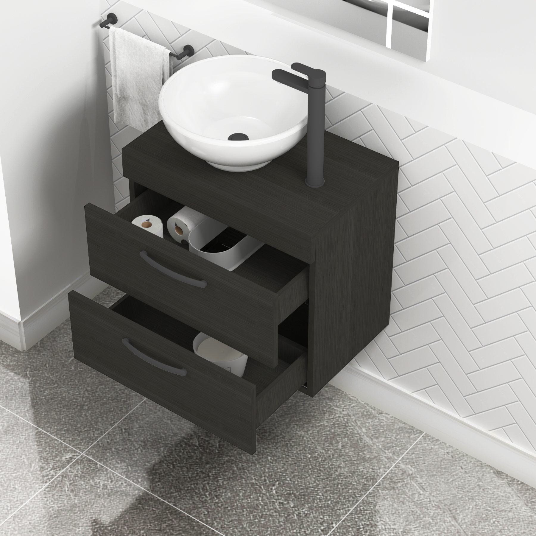 600mm Hale Black 2 Drawer Wall Mounted Bathroom Vanity Unit with Basin & Breeze Countertop Sinkwith Matt Black Handle