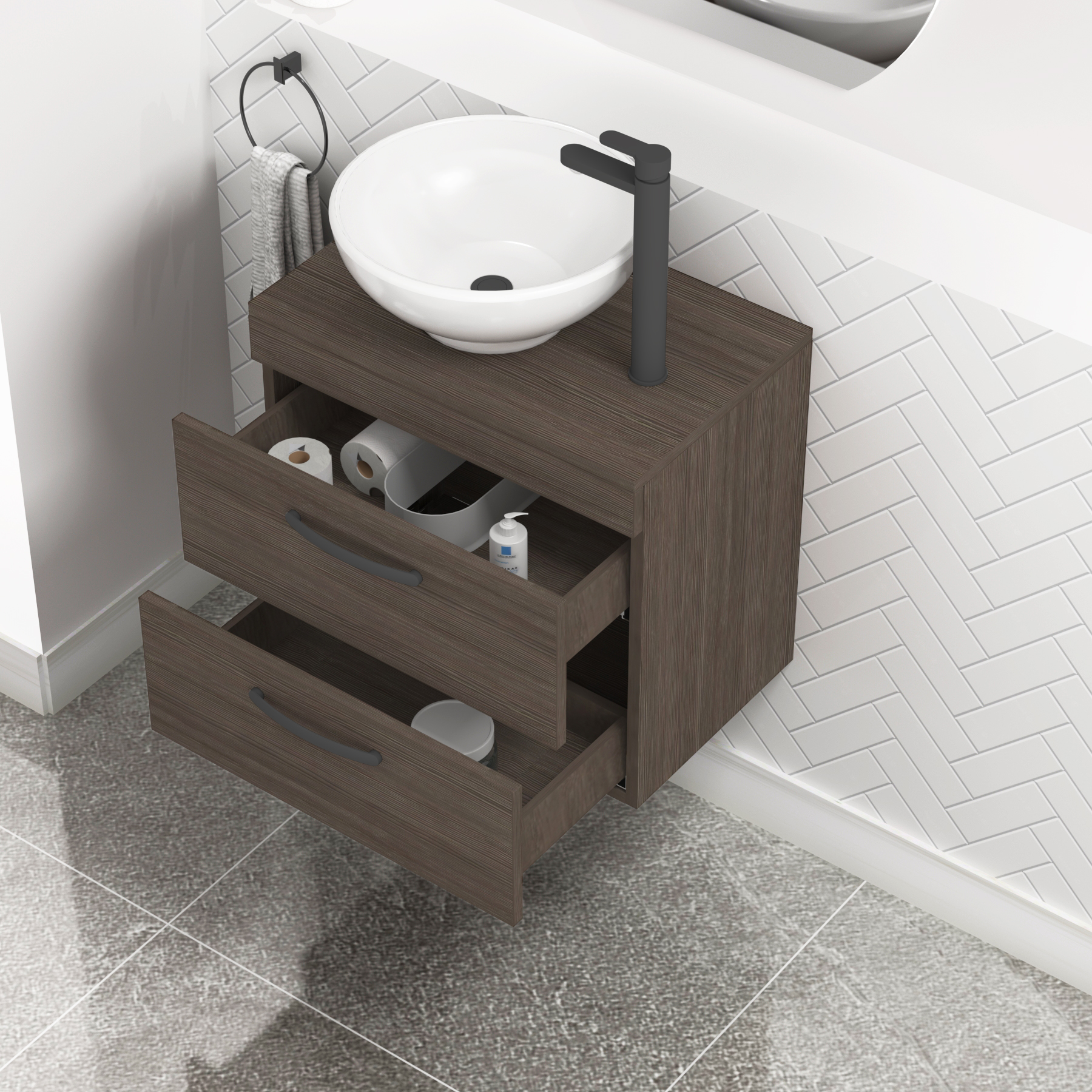 600mm Wall Hung Vanity Unit 2 Drawer Grey Elm & Breeze Countertop Basin with Matt Black Handle