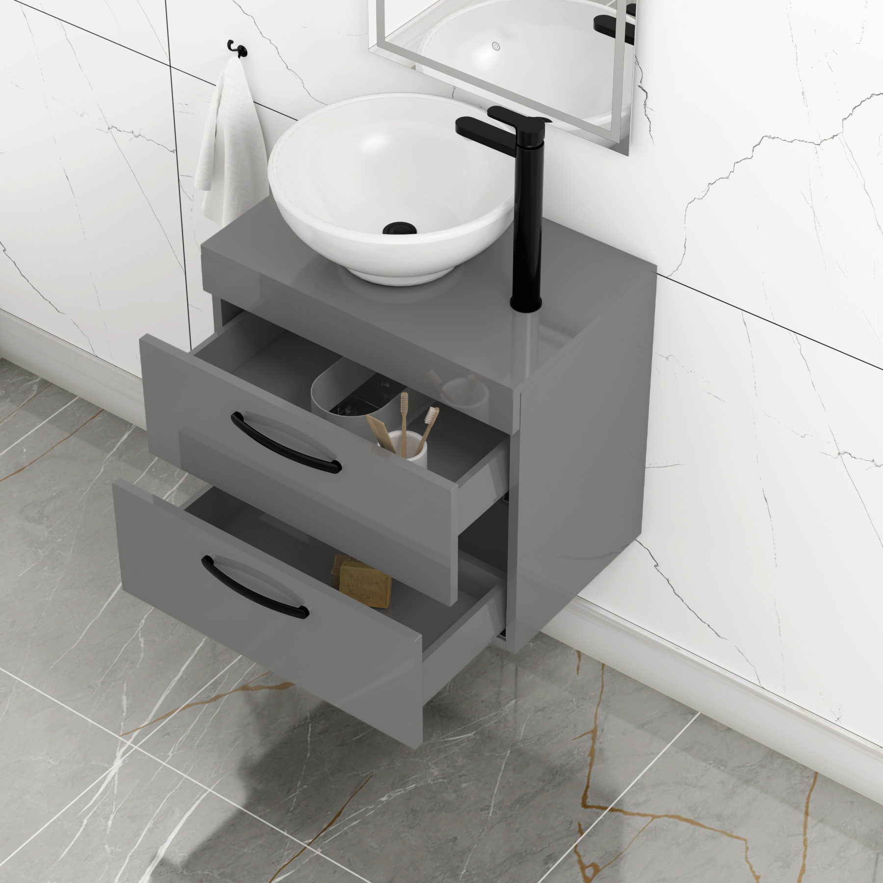 600mm Wall Hung Vanity Unit 2 Drawer Indigo Grey Gloss & Breeze Countertop Basin with Matt Black Handle