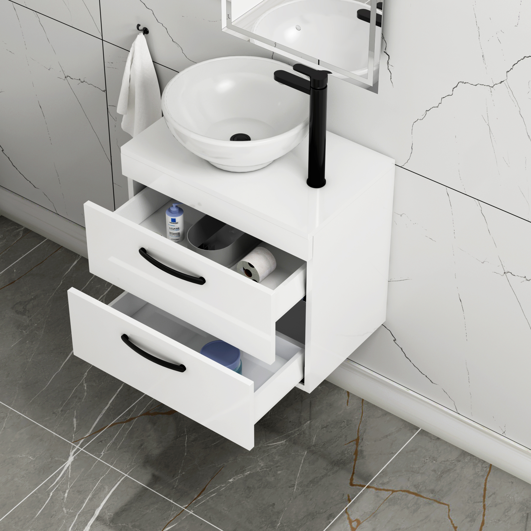 600mm Wall Hung Vanity Unit 2 Drawer Gloss White & Breeze Countertop Basin with Matt Black Handle