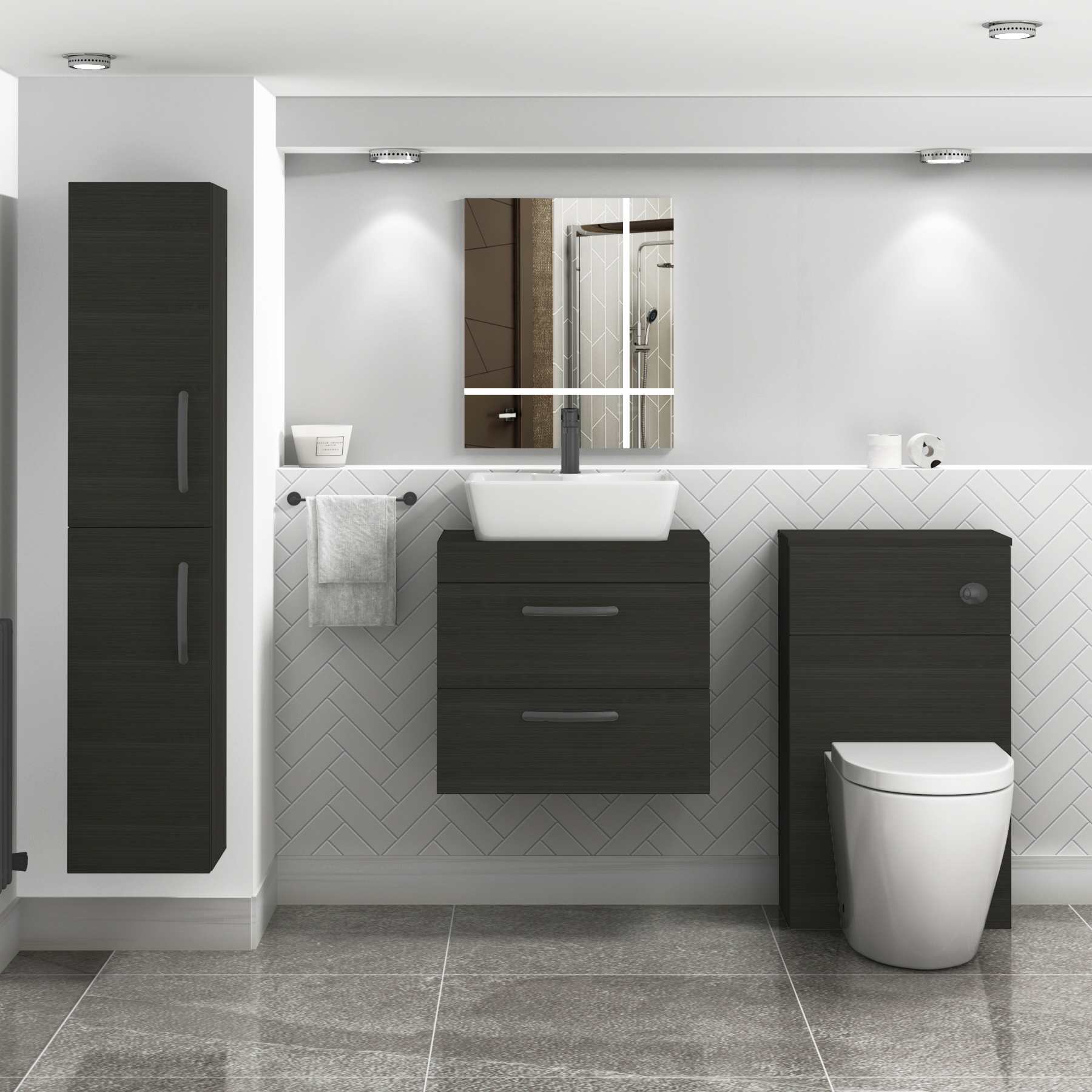600mm Wall Hung Vanity Unit 2 Drawer Hale Black & Cube Countertop Basin with Matt Black Handle