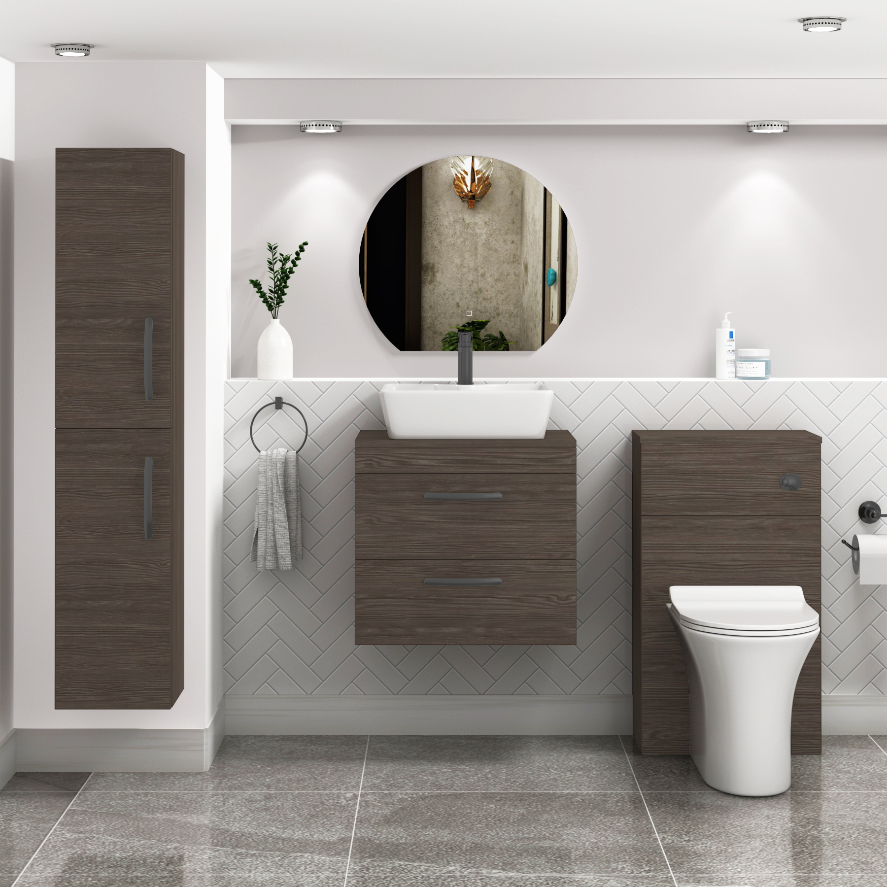 600mm Wall Hung Vanity Unit 2 Drawer Grey Elm & Cube Countertop Basin with Matt Black Handle
