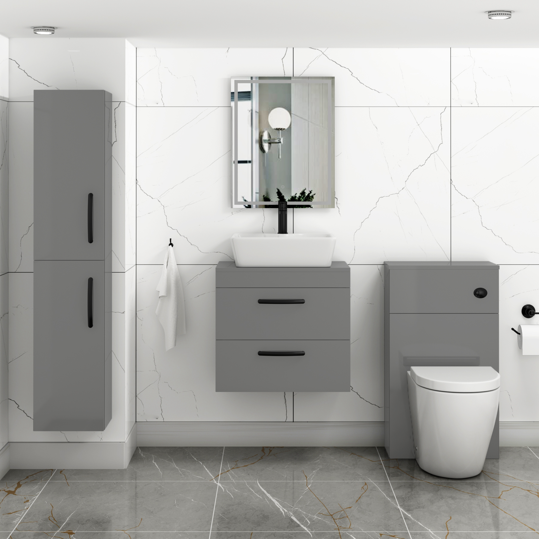600mm Wall Hung Vanity Unit 2 Drawer Indigo Grey Gloss & Cube Countertop Basin with Matt Black Handle