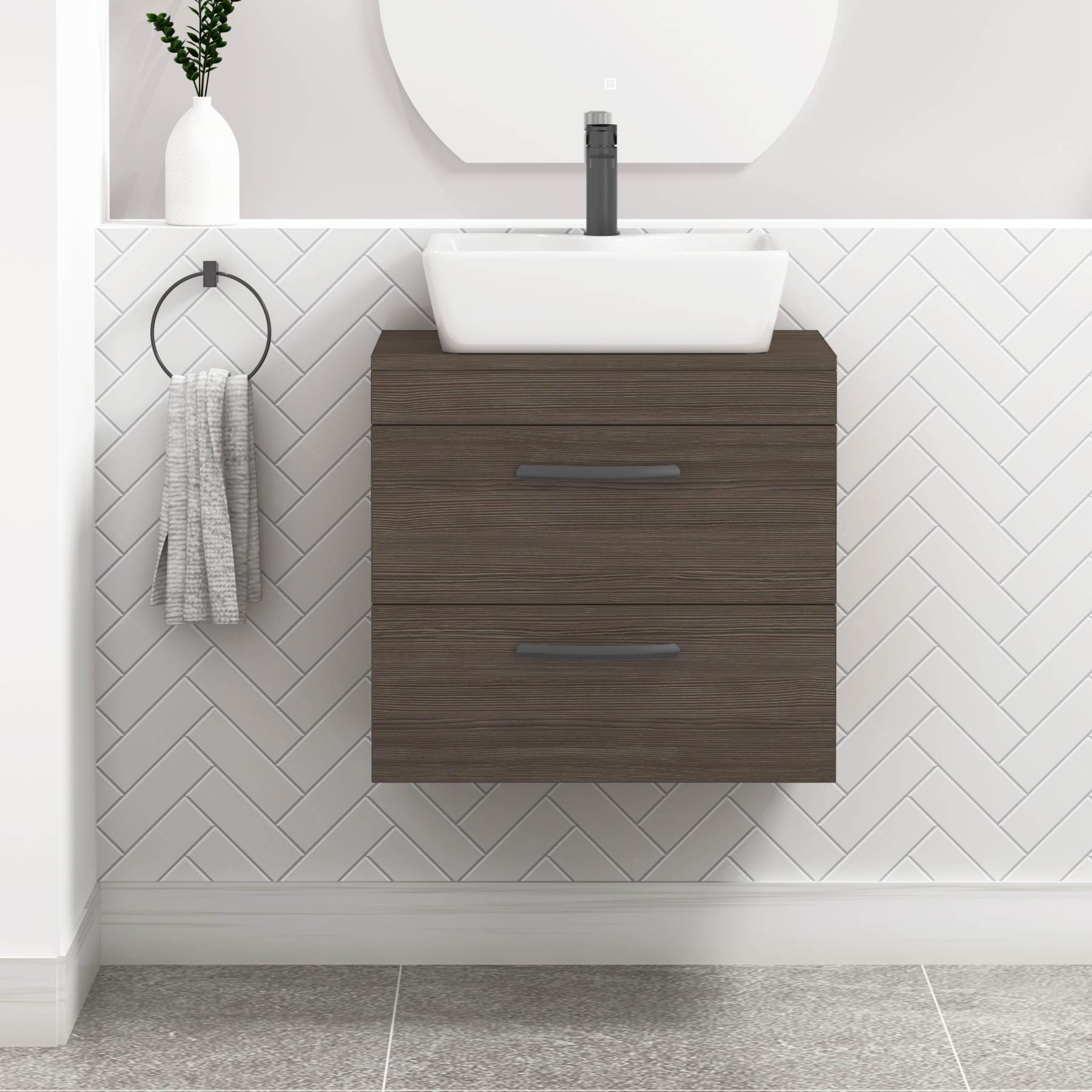600mm Wall Hung Vanity Unit 2 Drawer Grey Elm & Cube Countertop Basin with Matt Black Handle