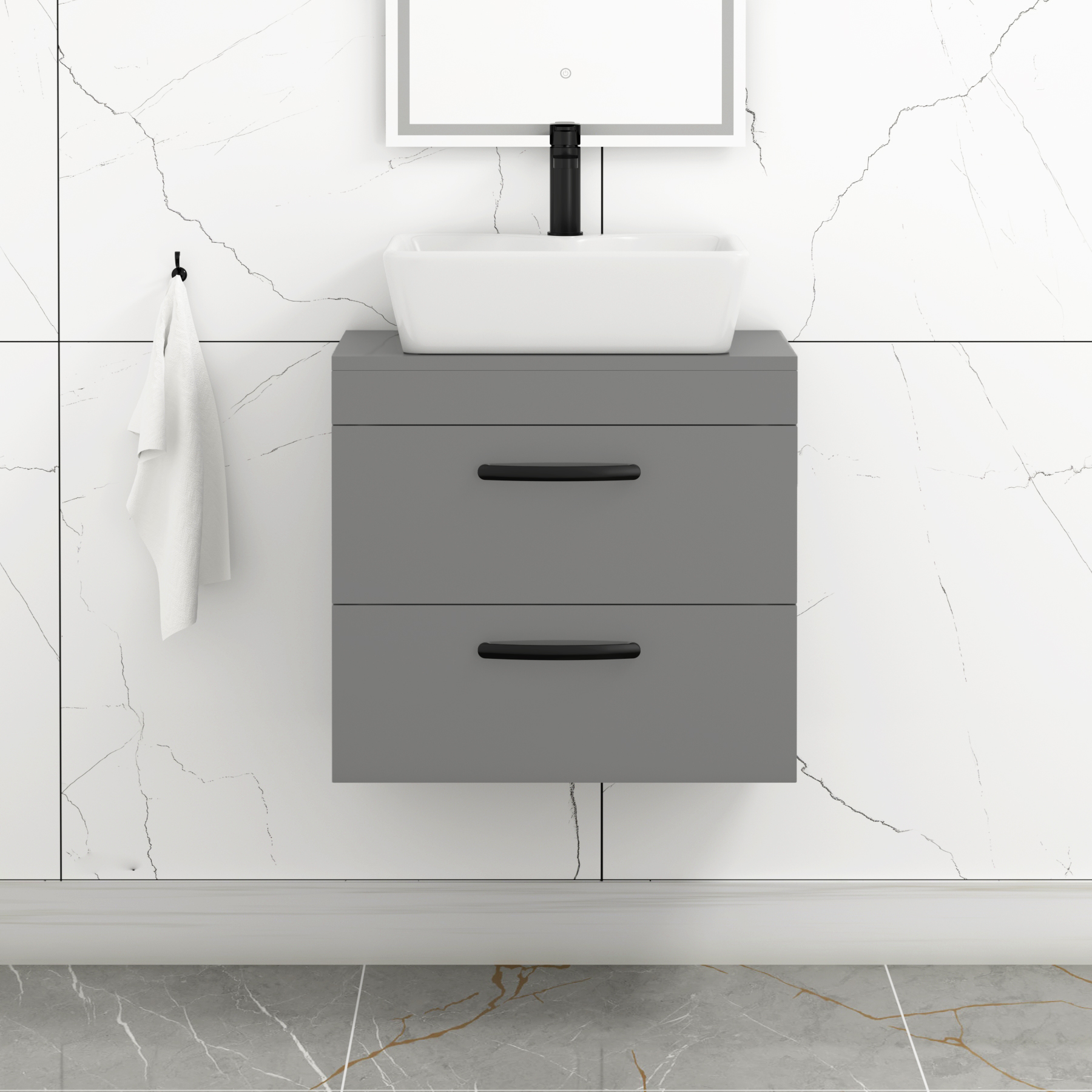 600mm Wall Hung Vanity Unit 2 Drawer Indigo Grey Gloss & Cube Countertop Basin with Matt Black Handle