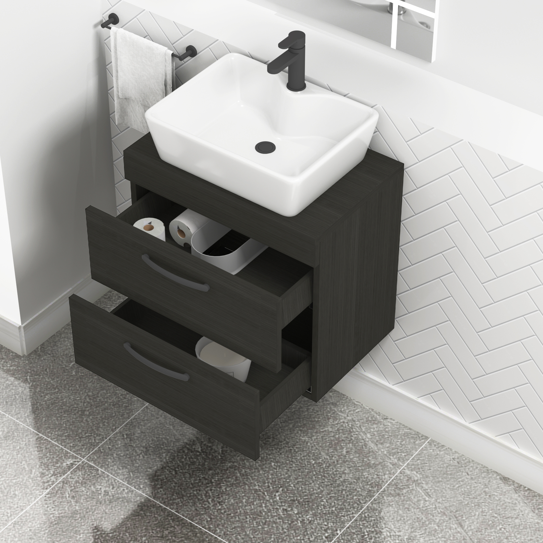 600mm Wall Hung Vanity Unit 2 Drawer Hale Black & Cube Countertop Basin with Matt Black Handle
