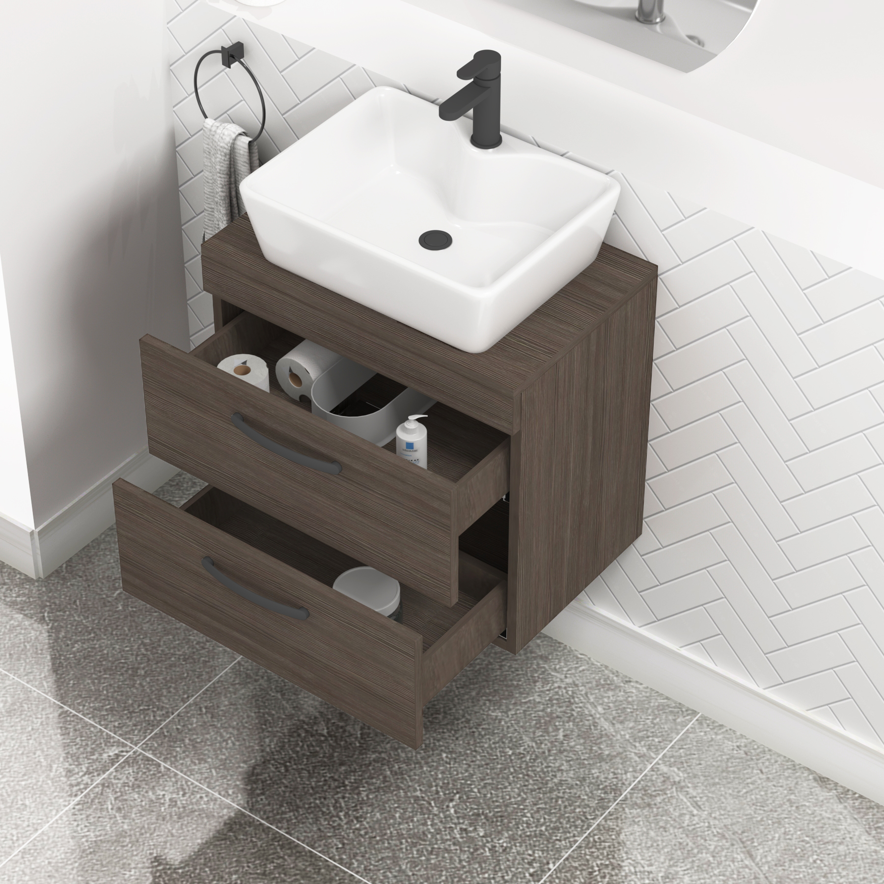 600mm Wall Hung Vanity Unit 2 Drawer Grey Elm & Cube Countertop Basin with Matt Black Handle
